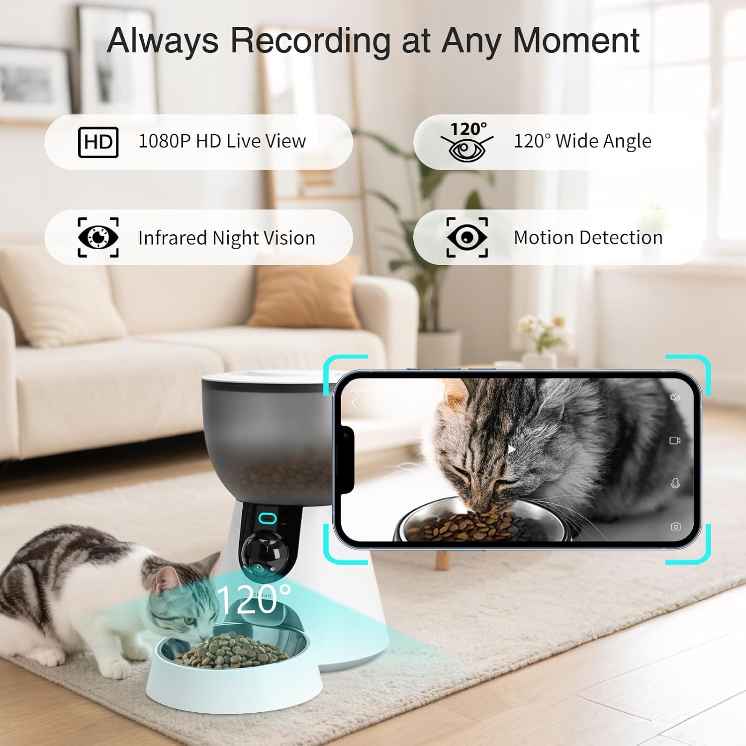 Detalle de Automatic Pet Feeder with Camera (4L) for Cats – 2.4GHz/5GHz WiFi, 1–10 Meals Daily, 304 Stainless Bowl, Dual Power