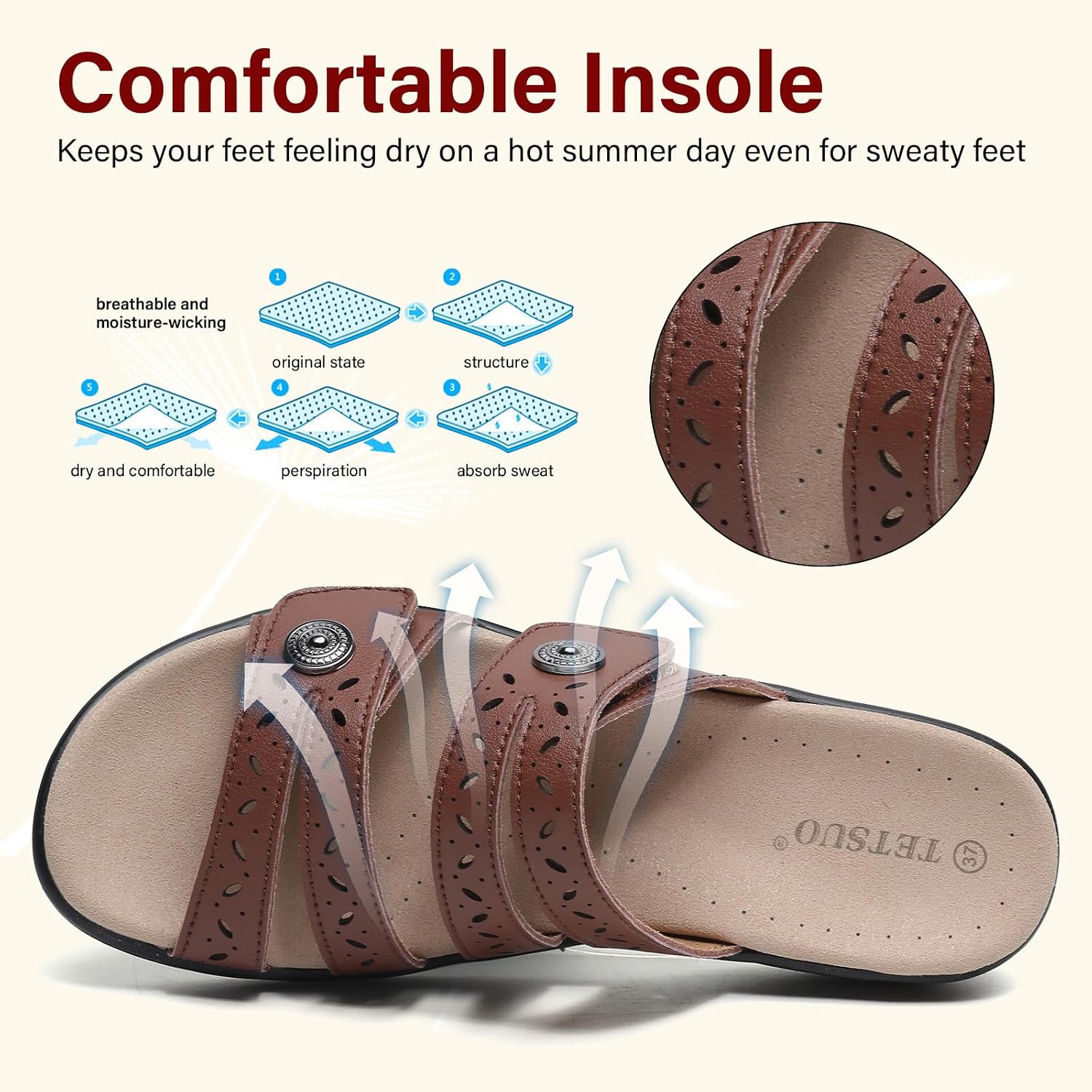 Detalle de TETSUO Women's Flat Sandals with Arch Support, Adjustable Straps and Open Toe Comfort