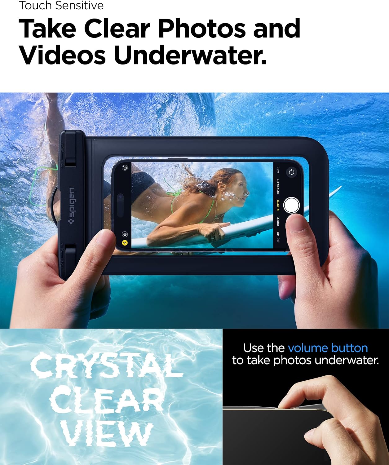 Detalle de Spigen Aqua Shield A601 custodia impermeabile IPX8 per smartphone fino a 7,0" (2 pezzi) con tracolla, finestra trasparente e cover a sacchetto marino