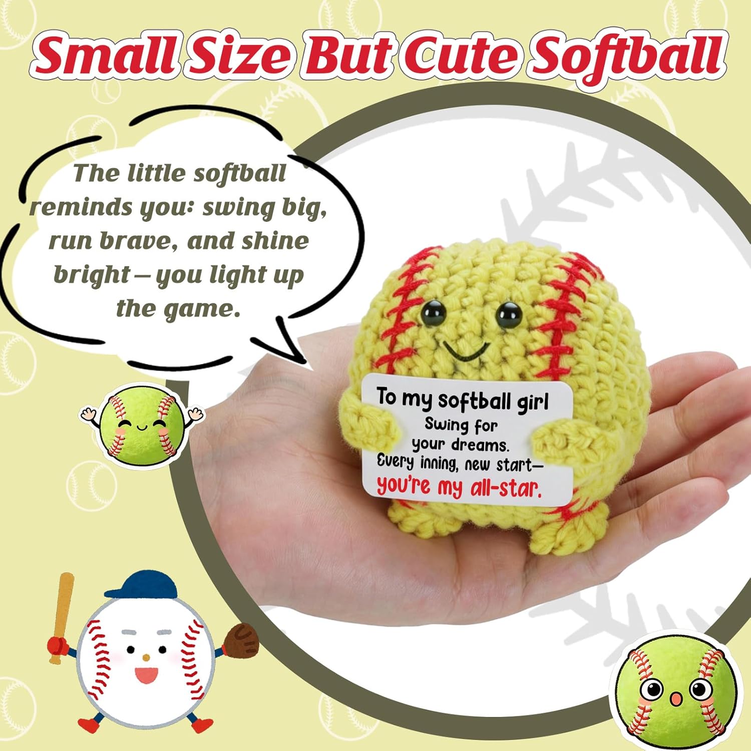 Thumbnail 1 de Weming Handmade Crochet Softball Plush Gift with All-Star Message Card (Mini Softball Decor)