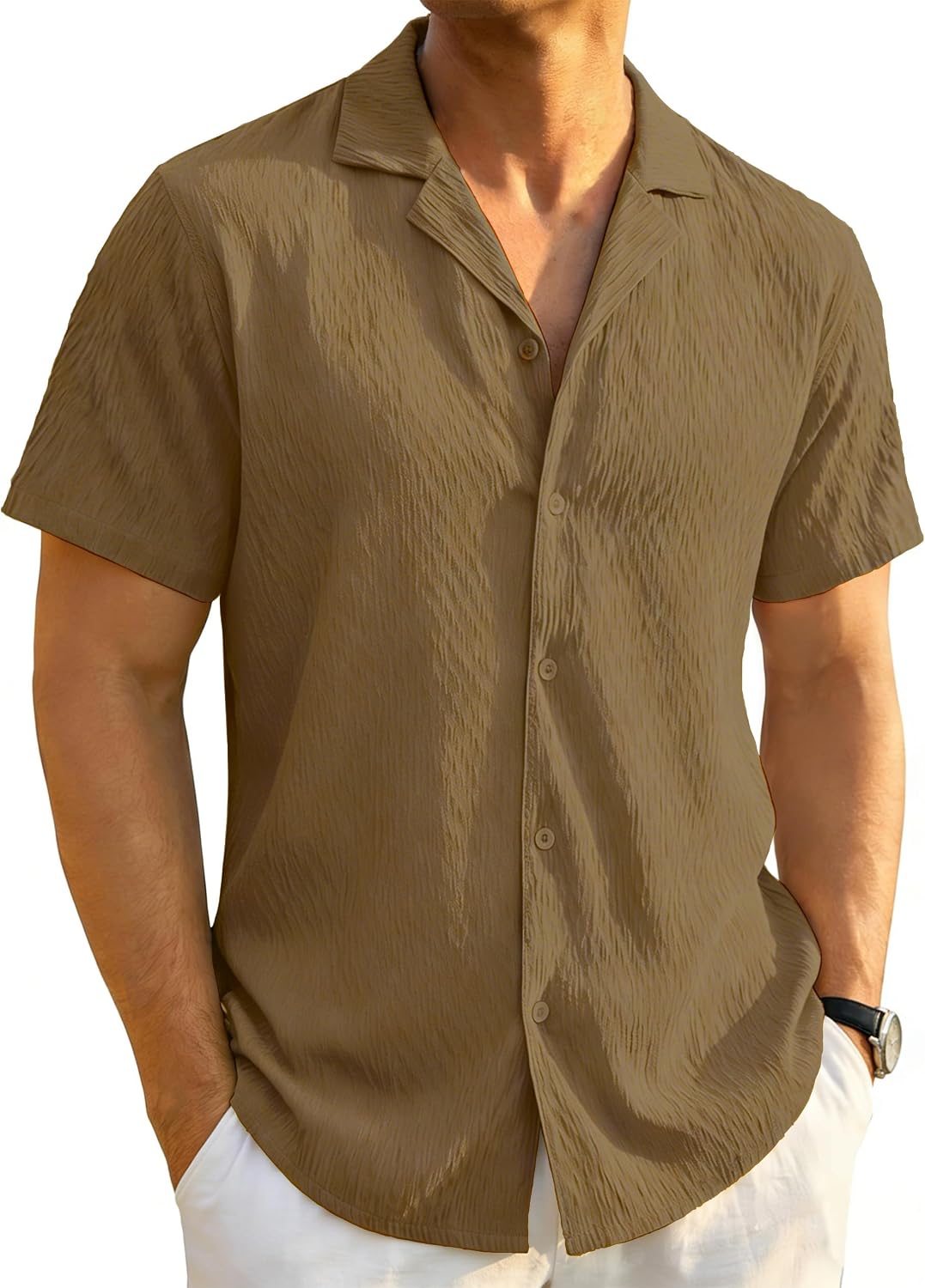 Thumbnail 6 de TACVASEN Men's Short Sleeved Shirt – Lightweight Textured Cuban Collar Top for Summer