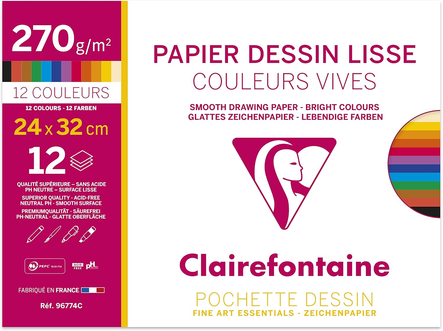Detalle de Clairefontaine 96774C Pochette Dessin Scolaire – 12 feuilles papier dessin couleur, 24x32 cm, 270 g