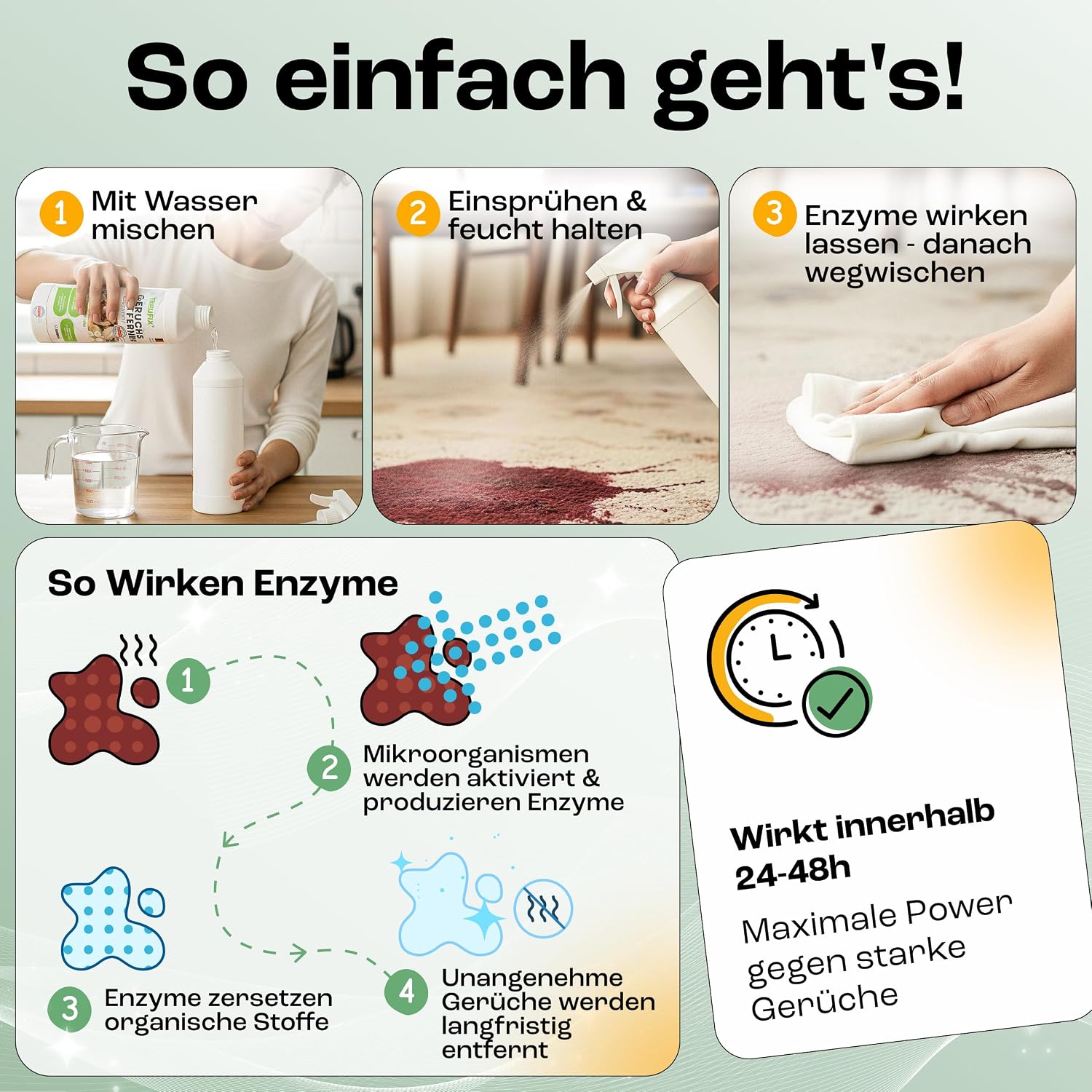 Detalle de Treufix Geruchsentferner Konzentrat 1 L inkl. 500 ml Mischflasche – Enzymreiniger gegen Urin, Schweiß & Alltagsgerüche