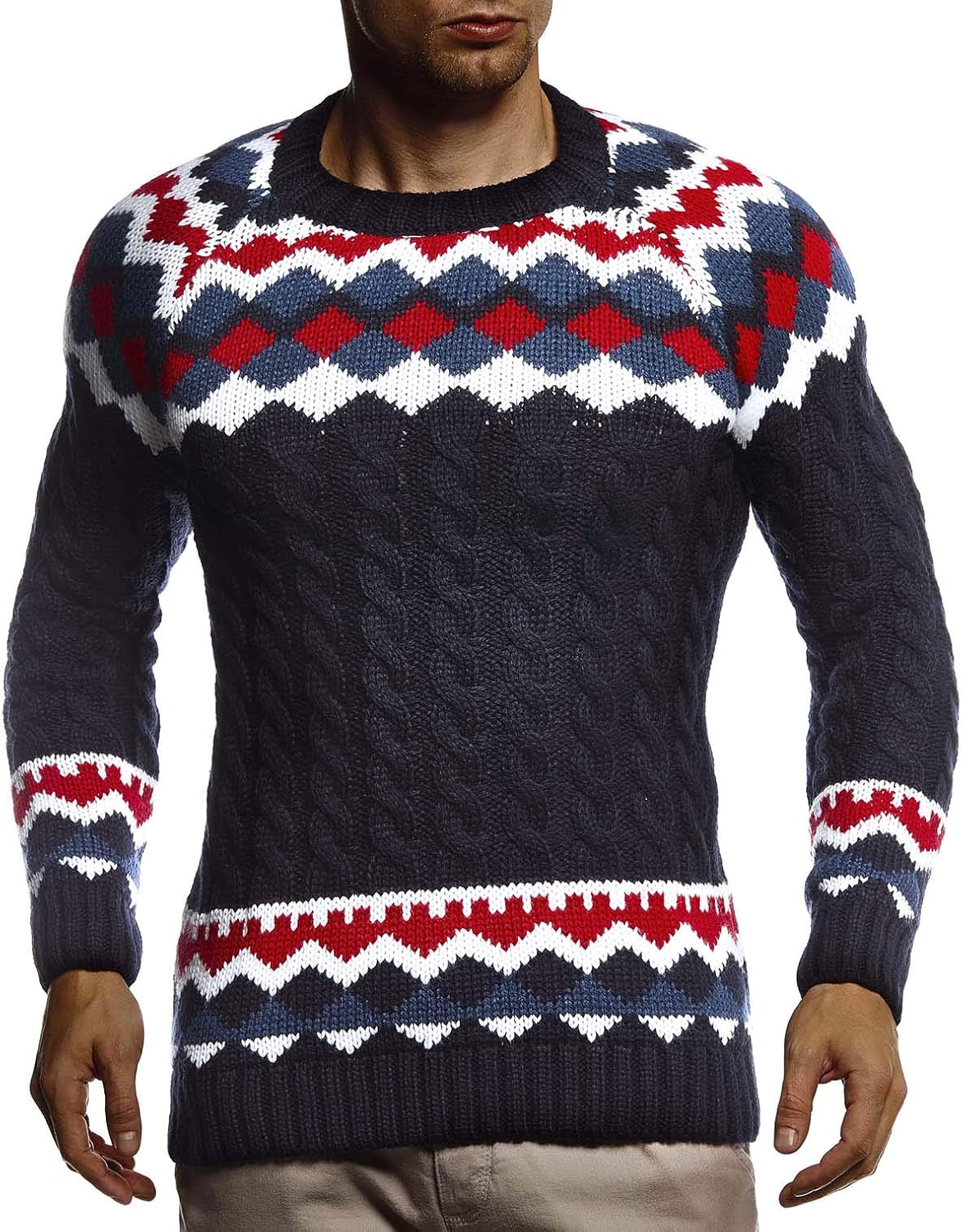 Detalle de Leif Nelson LN20757 pull norvégien en tricot homme à col rond, motif nordique et coupe ajustée