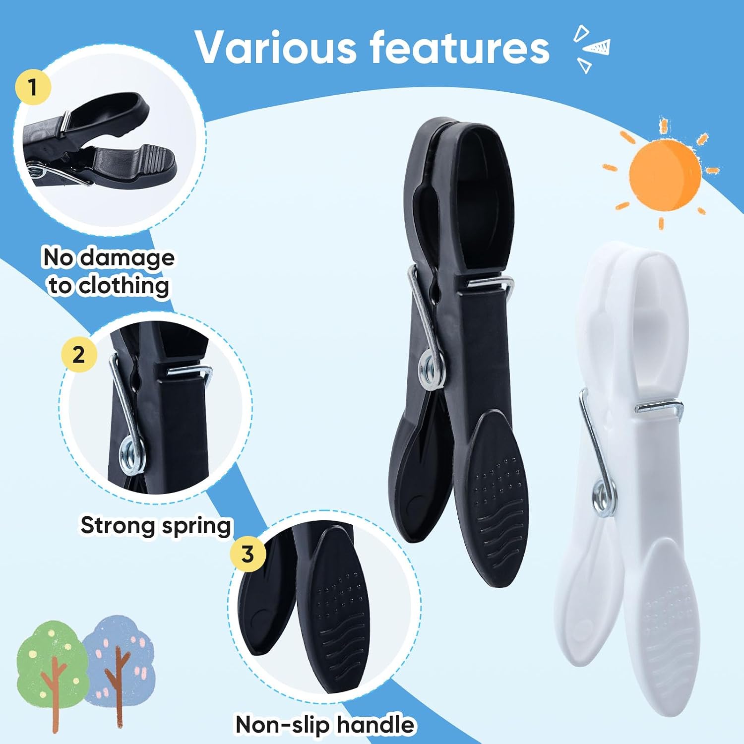 Thumbnail 2 de 60 PCS Clothes Pegs for Washing Line with Bag – Black & White Plastic Laundry Clips with Windproof Design