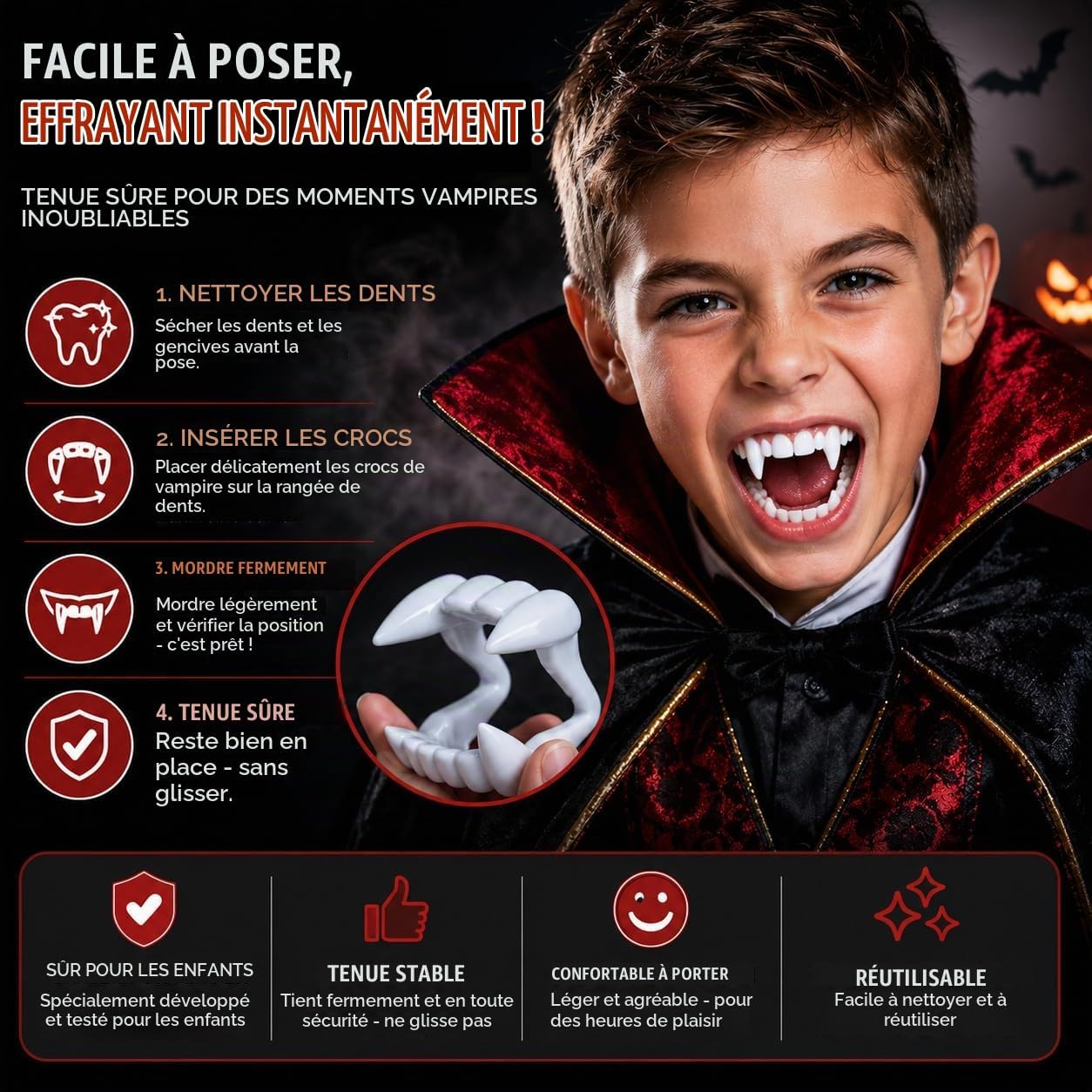 Detalle 2 de FASCHINFEVER FV-001 vampiergebit voor kinderen, opklikbaar voor Halloween en carnaval