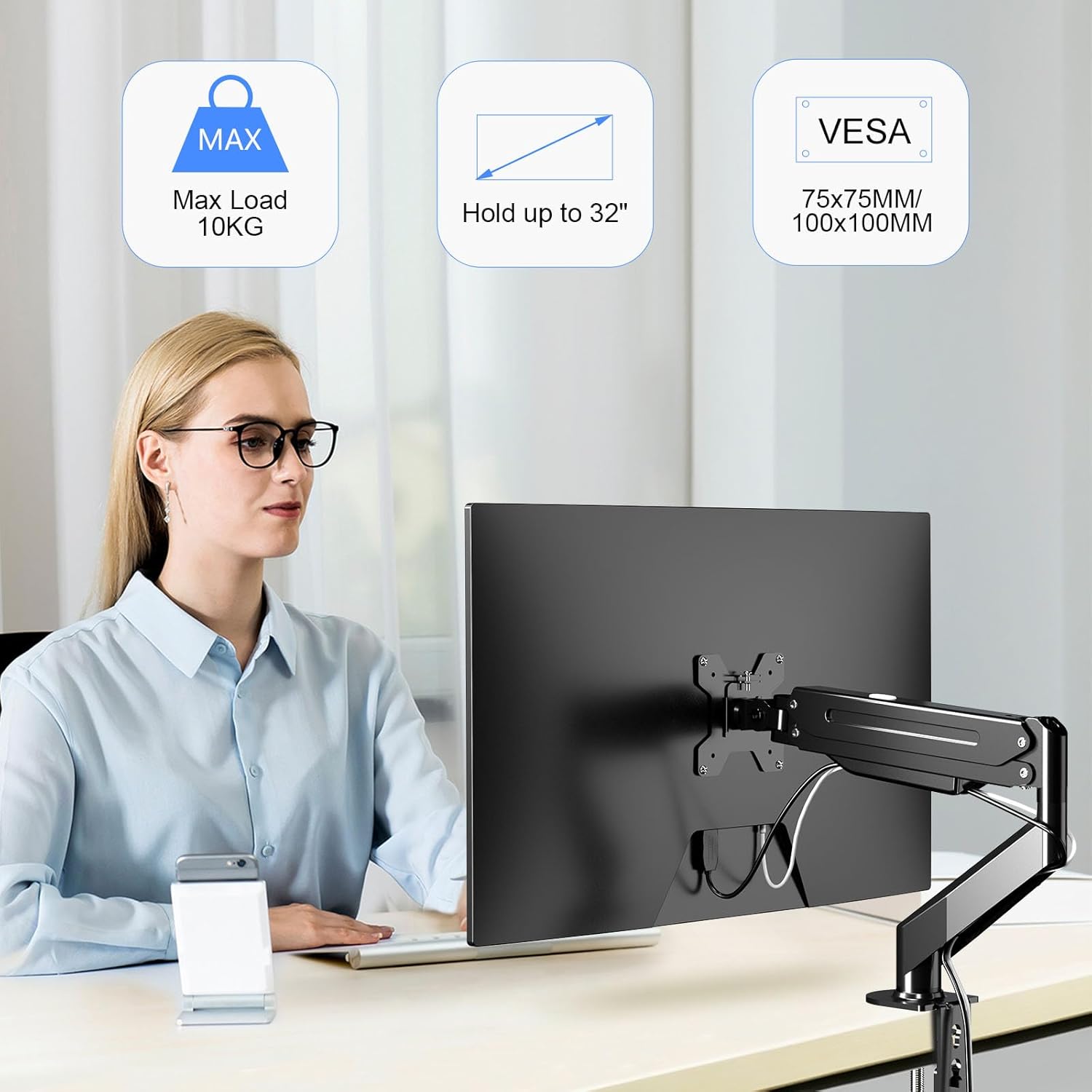 Thumbnail 1 de Suptek Supporto per Monitor a Braccio con Molla a Gas regolabile in altezza (17–32") VESA 75/100, fino a 10 kg, nero opaco