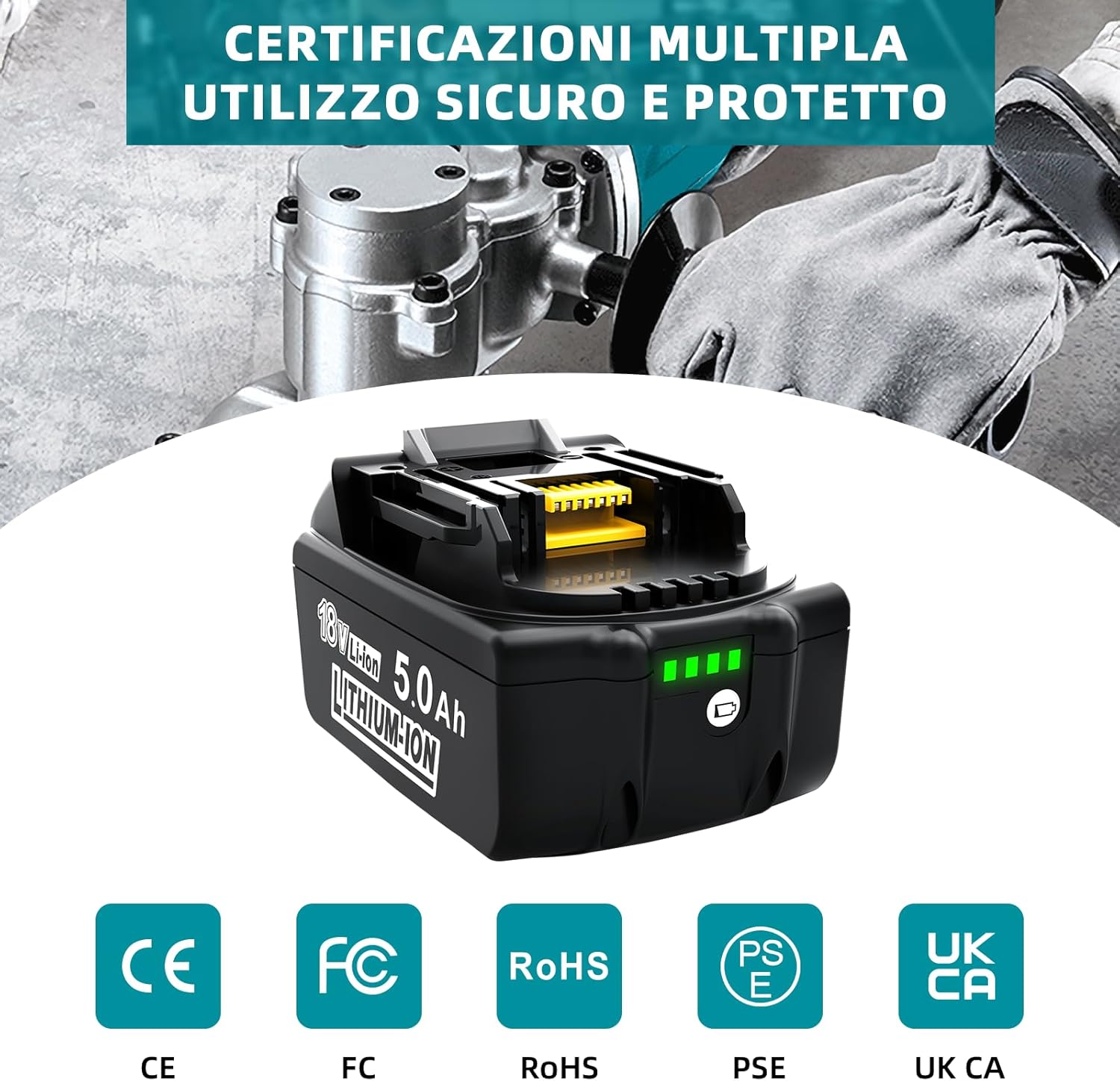 Detalle de Batterie di ricambio Makita 18V da 2 pezzi da 5.0Ah (5000mAh) Li‑ion, compatibili con BL1860 e altri modelli