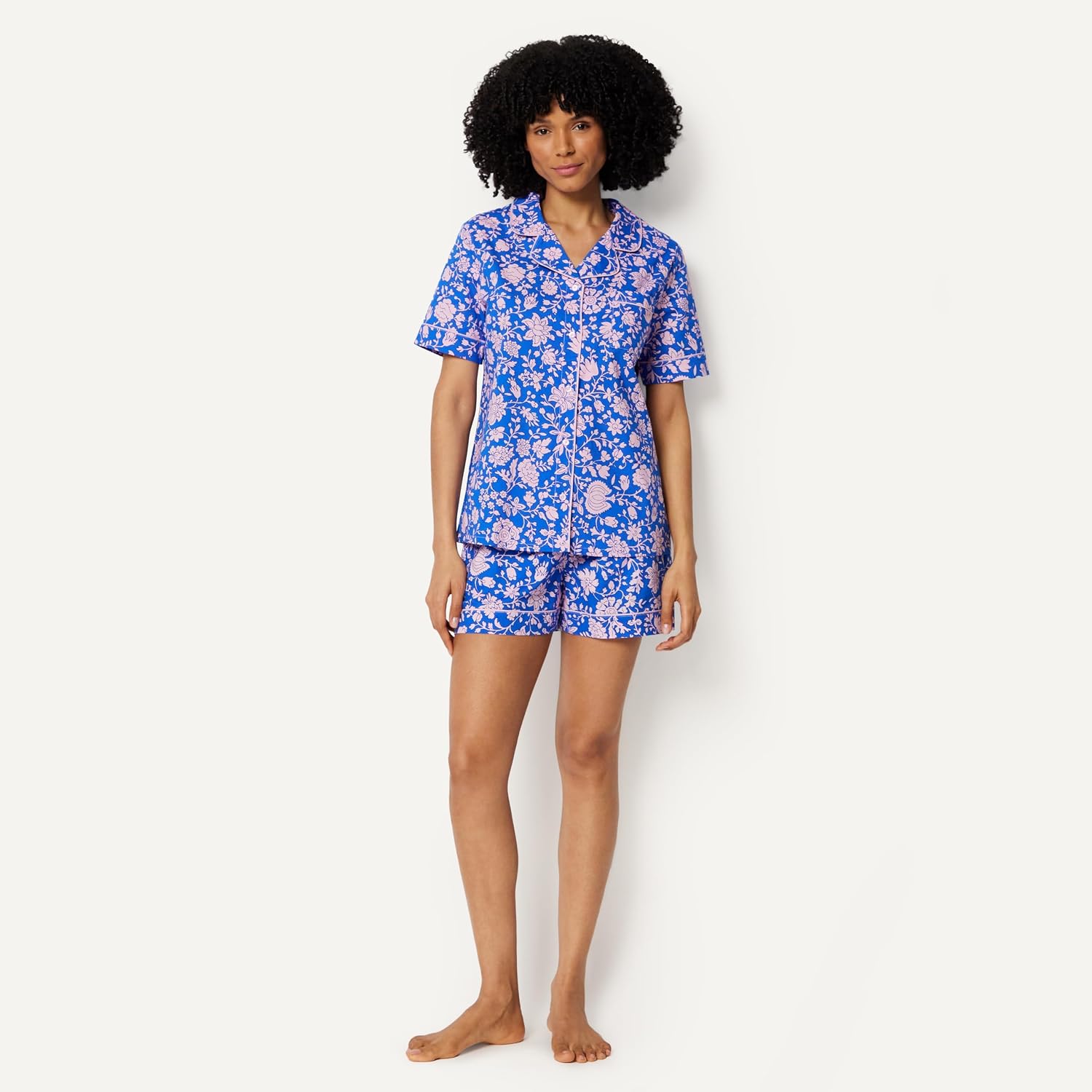 Detalle de Amazon Essentials Women's Cotton Stretch Poplin Pajama Set, Short Sleeve Button-Down with Shorts
