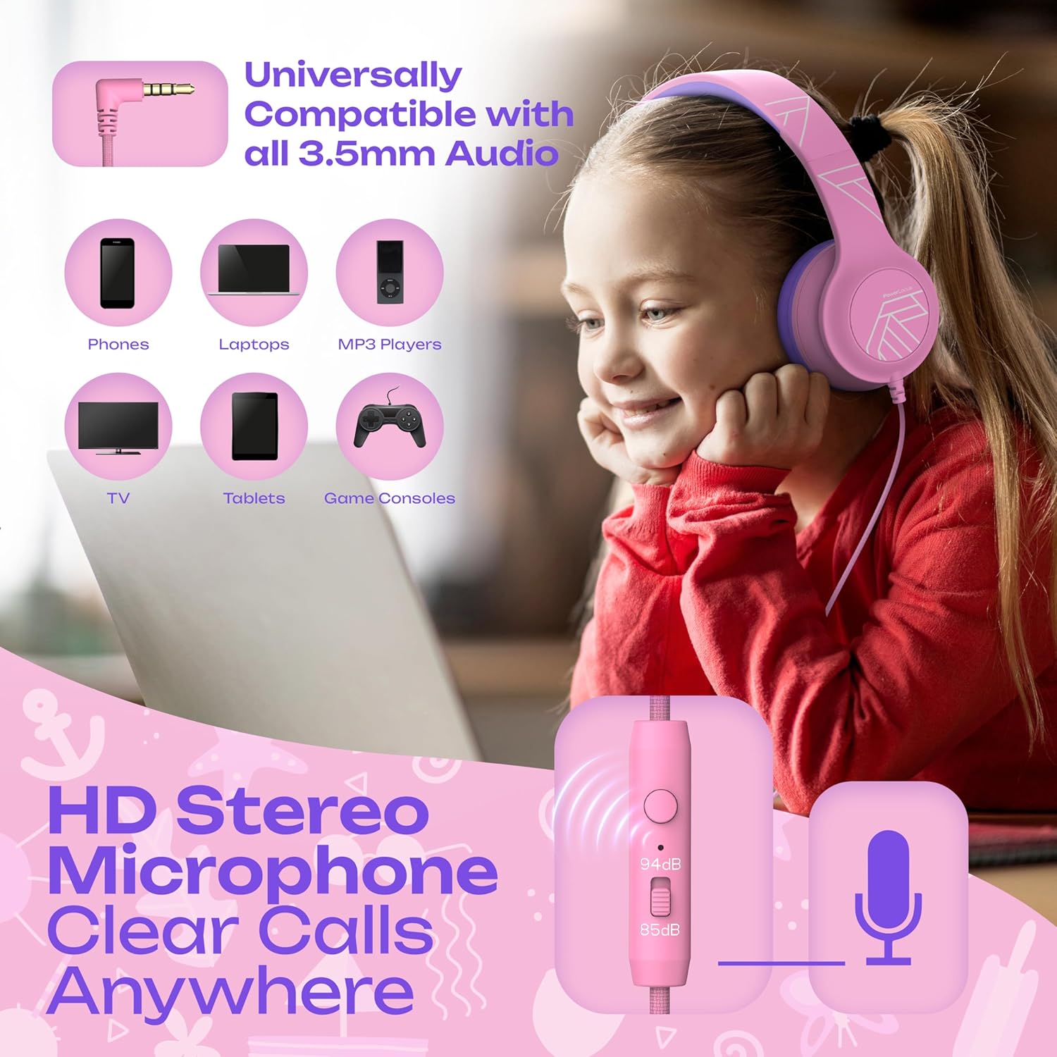 Thumbnail 4 de PowerLocus Kids Headphones with Microphone – 85/94dB Safe Volume, Foldable Over-Ear 3.5mm, Shared Audio for School and Travel (Pink)