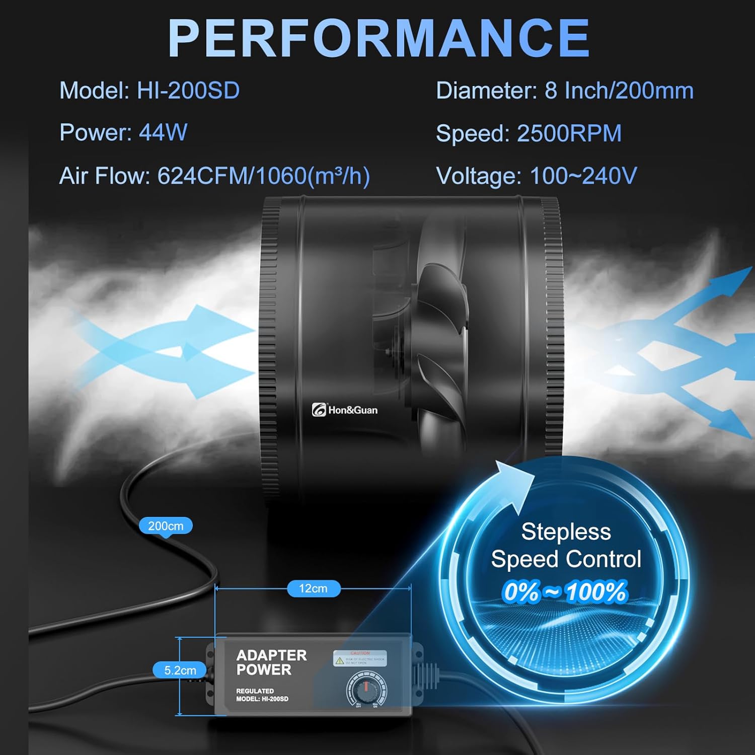 Thumbnail 5 de Hon&Guan 200mm Rohrventilator 1060 m³/h Rohrlüfter 🌀
