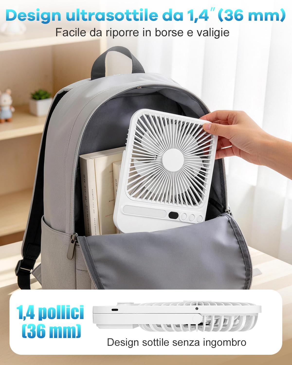 Thumbnail 3 de Ventilatore portatile 7 pollici con luce: autonomia fino a 28 ore, ultrasottile e regolabile