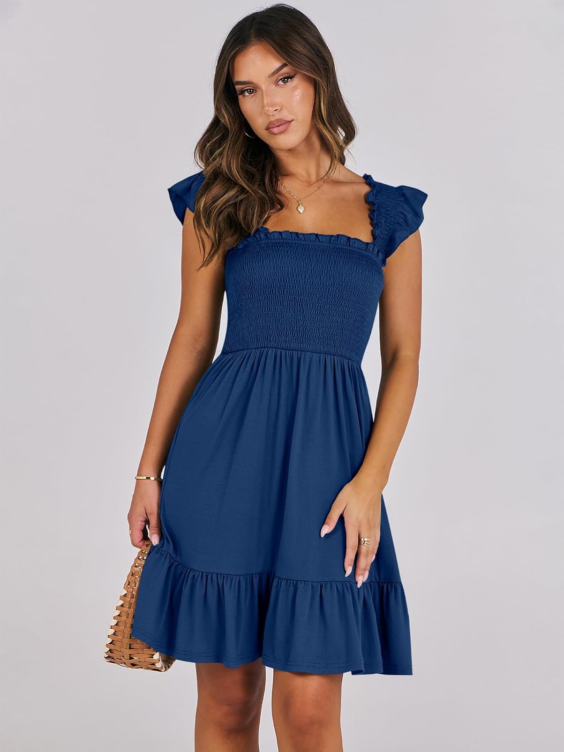 Detalle 2 de ANRABESS Women’s Summer Casual Sleeveless Square Neck Dress with Smocked Ruffle Back (Boho Beach Short Sundress)