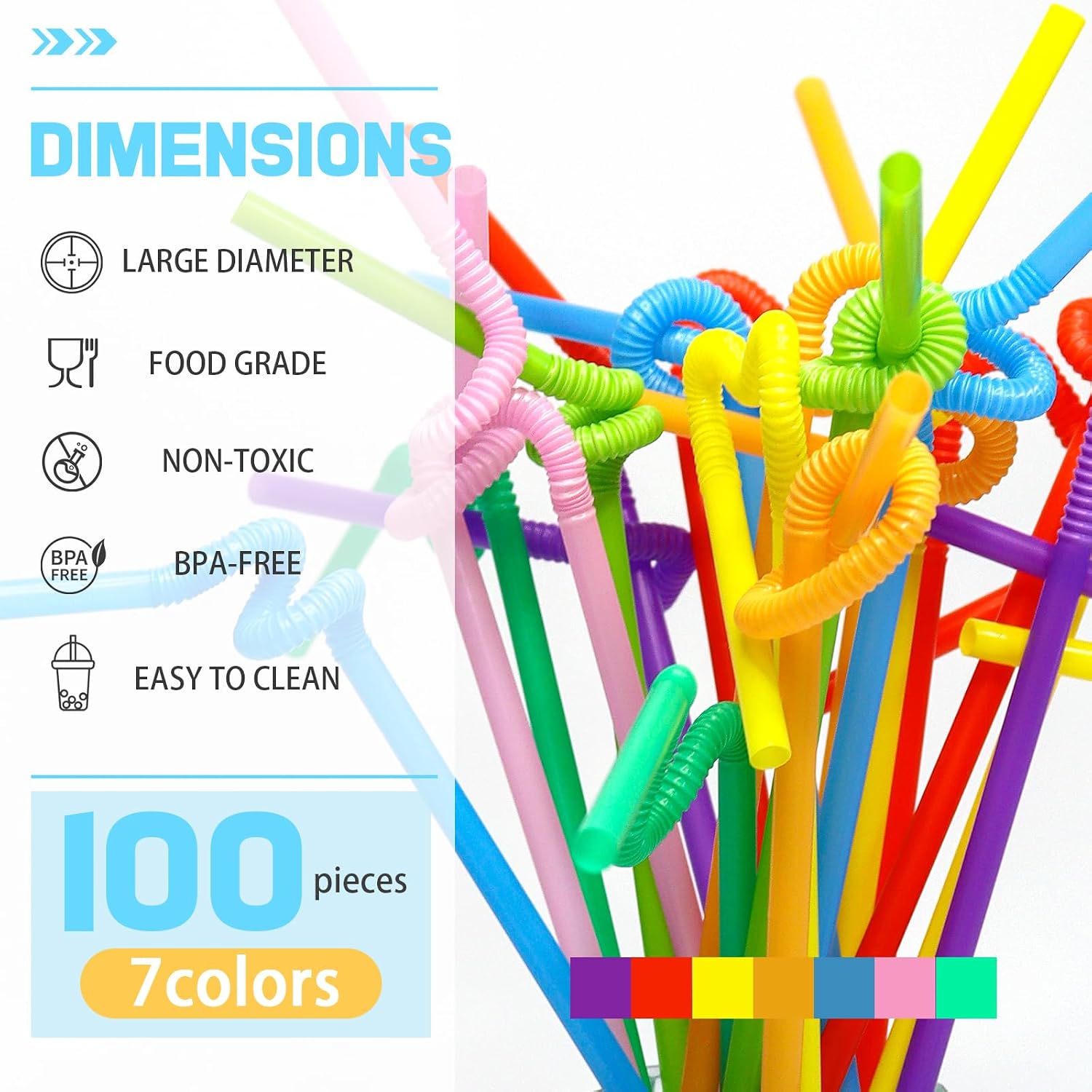 Detalle de 100 Pcs Colorful Plastic Disposable Bendable Straws — 12.8 inches, Assorted Colors