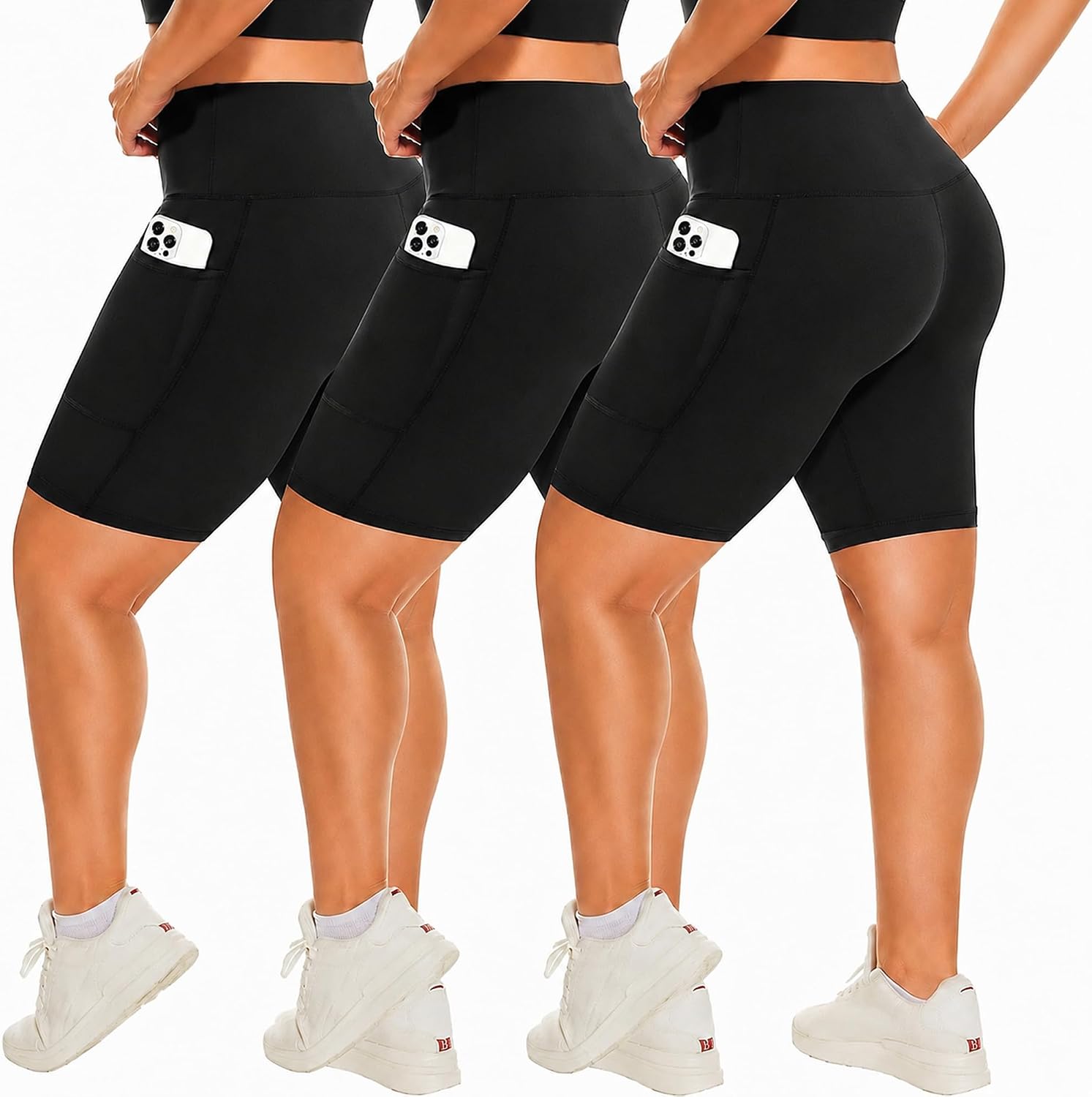 Detalle de HLTPRO 3 Pack Plus Size Biker Shorts with Pockets for Women (S-4XL) – High Waist, Tummy Control, 8/5/3 Inch Options
