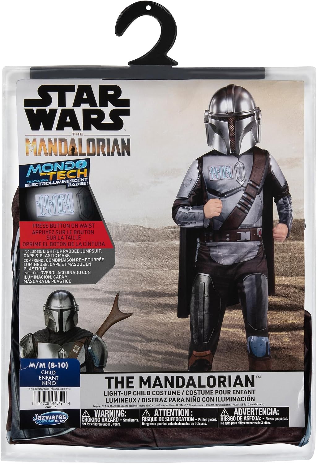 Detalle de Star Wars The Mandalorian Youth Costume with Light-Up Chest, Padding, Mask and Cape