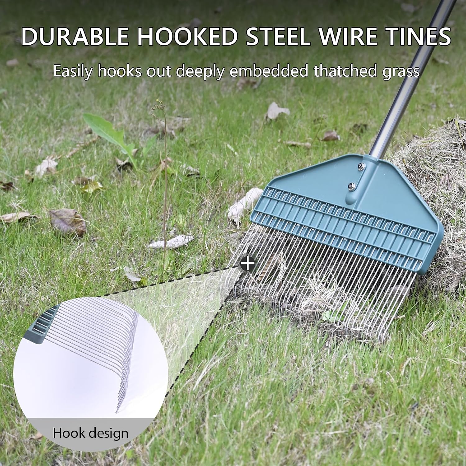 Detalle de YEELOR Thatch Rake with 66-Inch Adjustable Handle, 17-Inch Wide Head