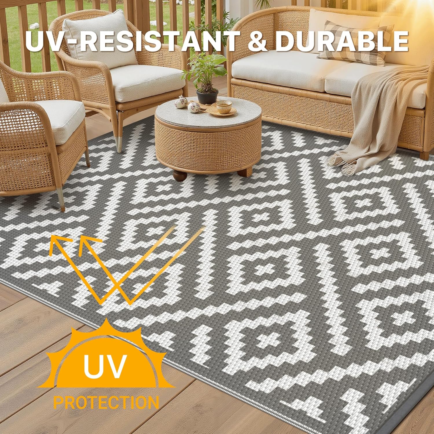 Detalle de GENIMO Tappeto per Esterni 4x6 FT (122x183 cm) – Impermeabile, reversibile, grigio e bianco