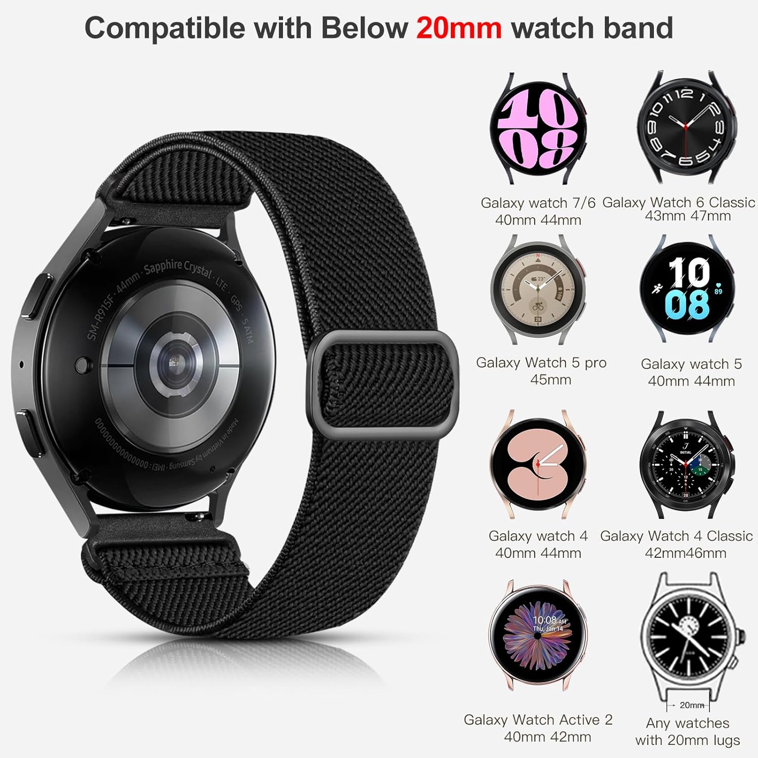 Detalle de Lerobo Elastic Straps: 20mm Nylon Sport Band for Samsung Galaxy Watch 7/6/5/4 and Garmin Range