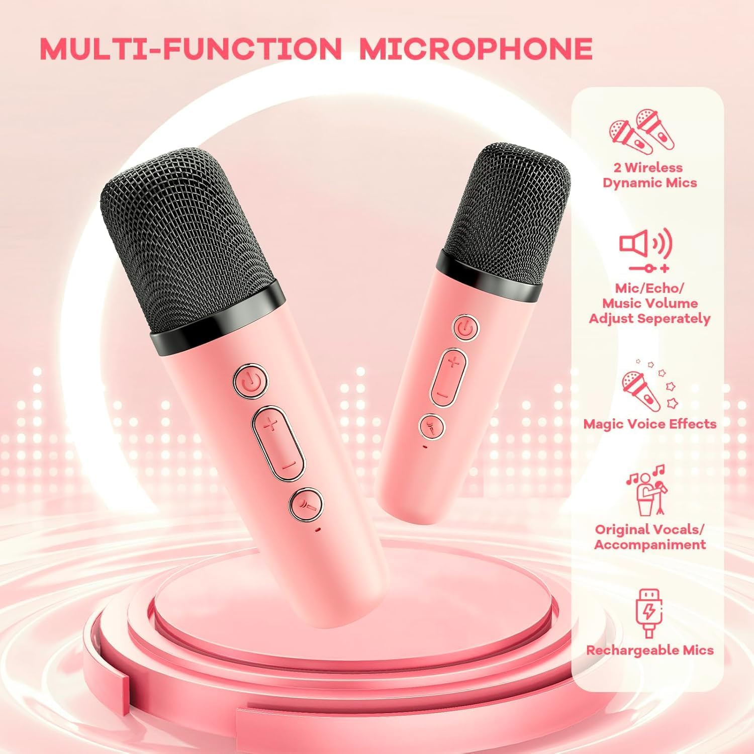 Detalle 2 de YLL Mini Kinder-Karaoke-Maschine mit 2 Mikrofonen (Rosa) – tragbares Karaoke-Spielzeug für Kinder