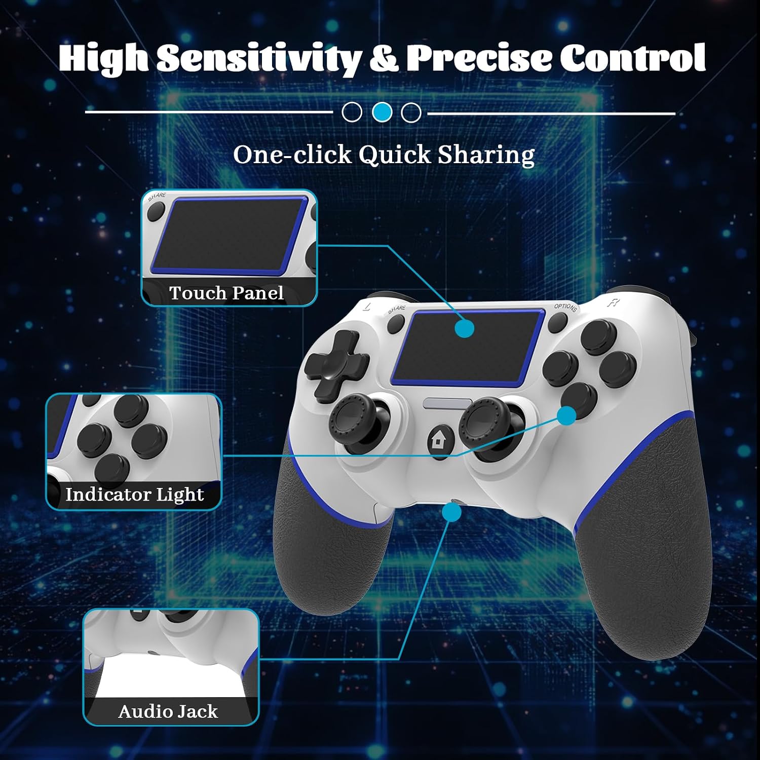 Detalle de Wireless Controller for PS4 (White/Blue) — Multi-Platform Compatibility, Turbo, Built-in Speaker