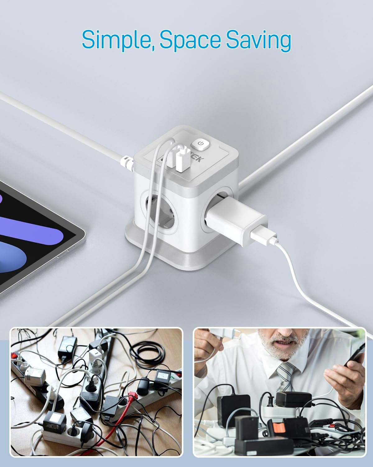 Detalle de FDTEK kubformat grenuttag med USB-C, fyra uttag och 1,8 m kabel