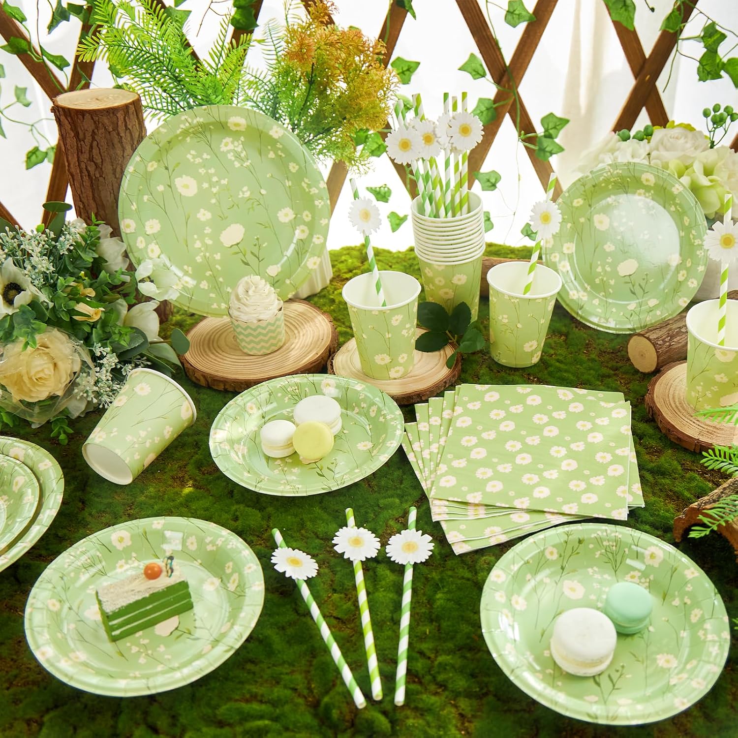 Detalle de SUNBEAUTY 80PCS Green Daisy Paper Plates and Napkins Set