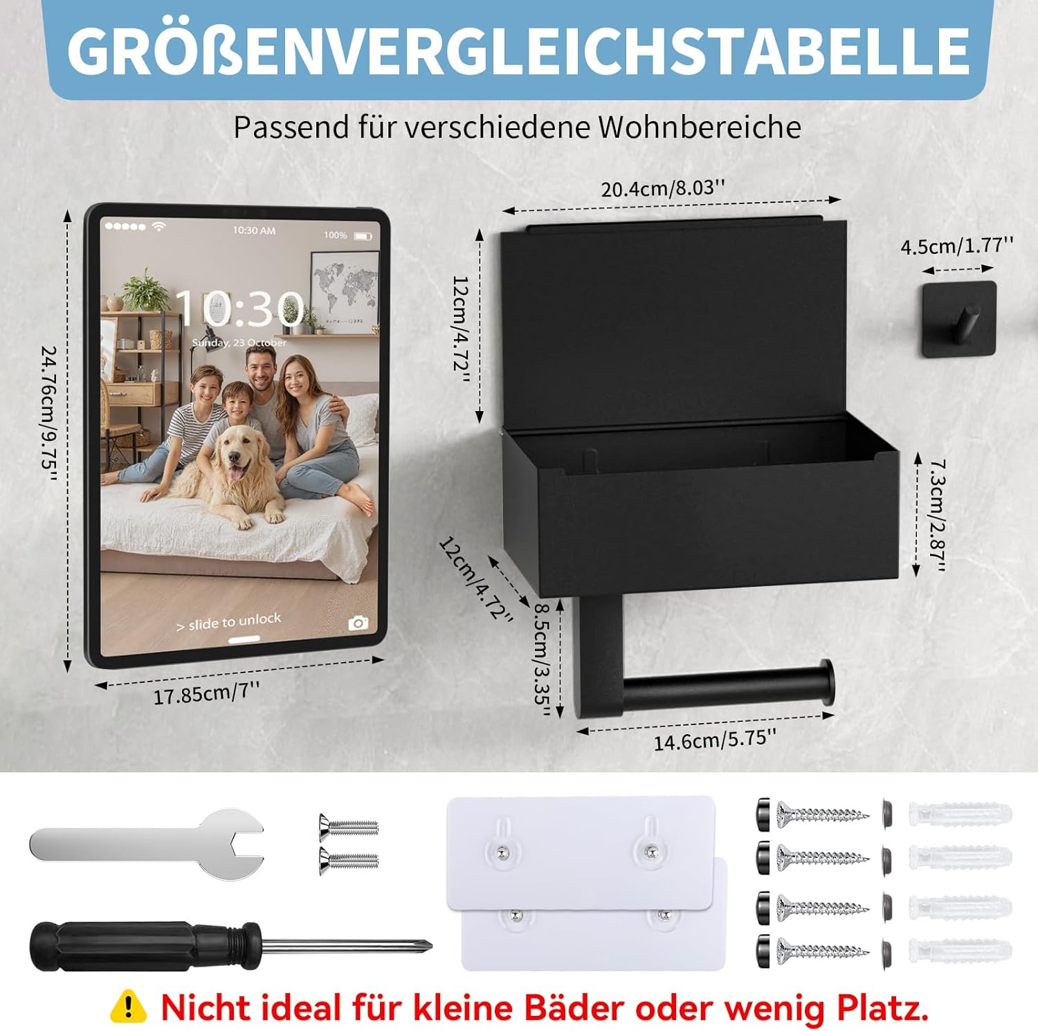 Thumbnail 1 de Heatigo Toilettenpapierhalter Schwarz mit Feuchttücherbox – ohne Bohren oder zum Befestigen, Edelstahl, 20,4 × 14 × 7,3 cm