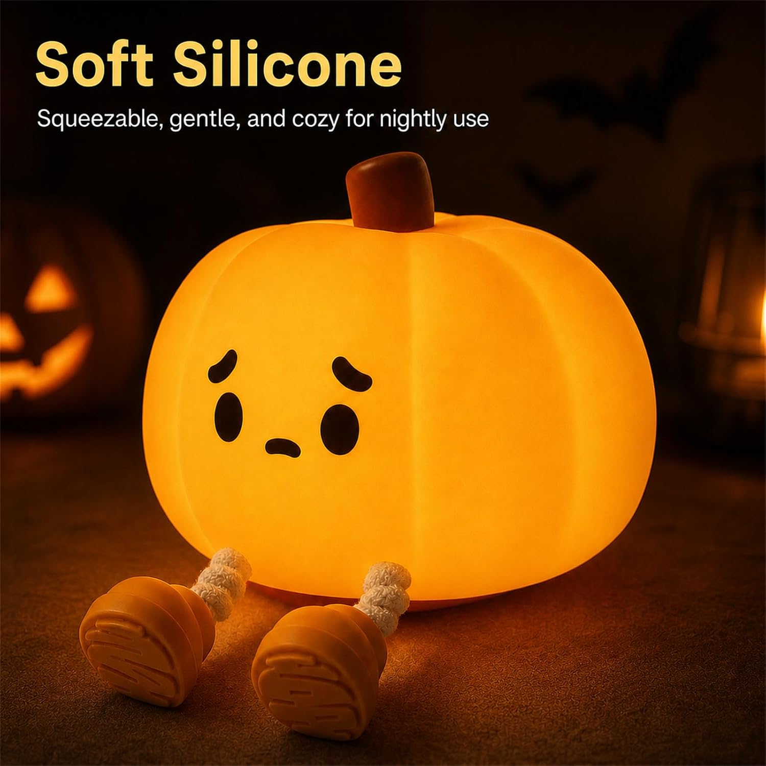 Detalle 1 de MUID Halloween Pumpkin Night Light, Rechargeable Silicone Touch Lamp
