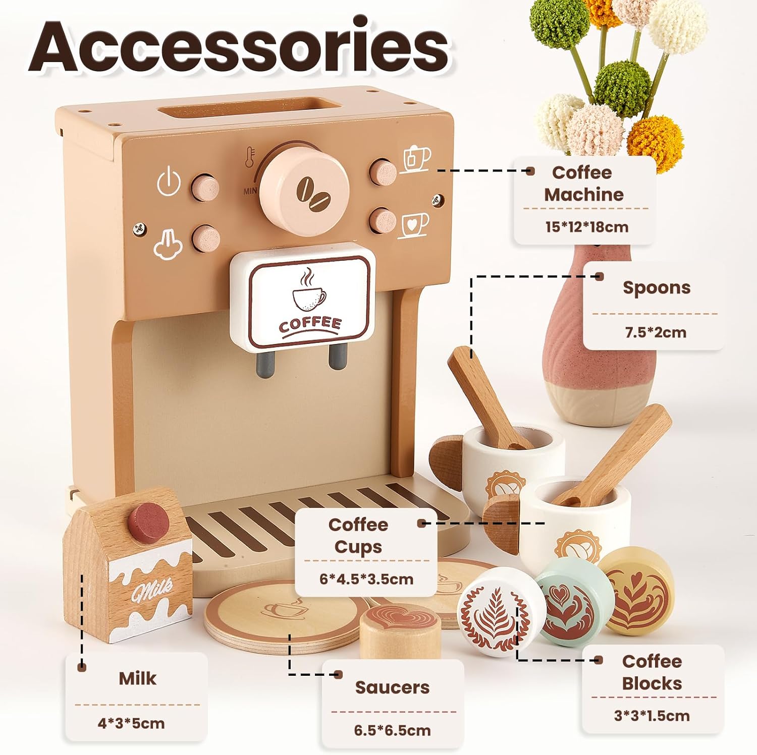 Detalle 2 de BUYGER Kids Wooden Coffee Machine Toy – Pretend Coffee Playset for Ages 3–5