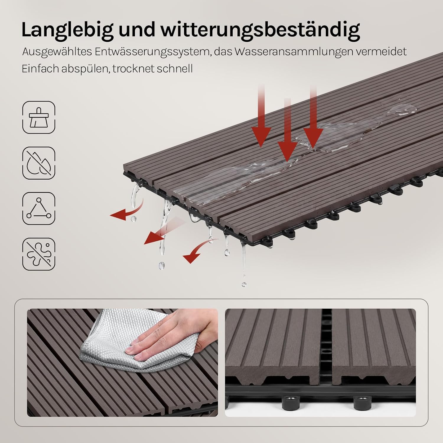 Detalle de WOLTU WPC Fliese Holz-Optik 30 x 60 cm (6 Stück = 1 m²) mit Klicksystem – Terrassenfliese