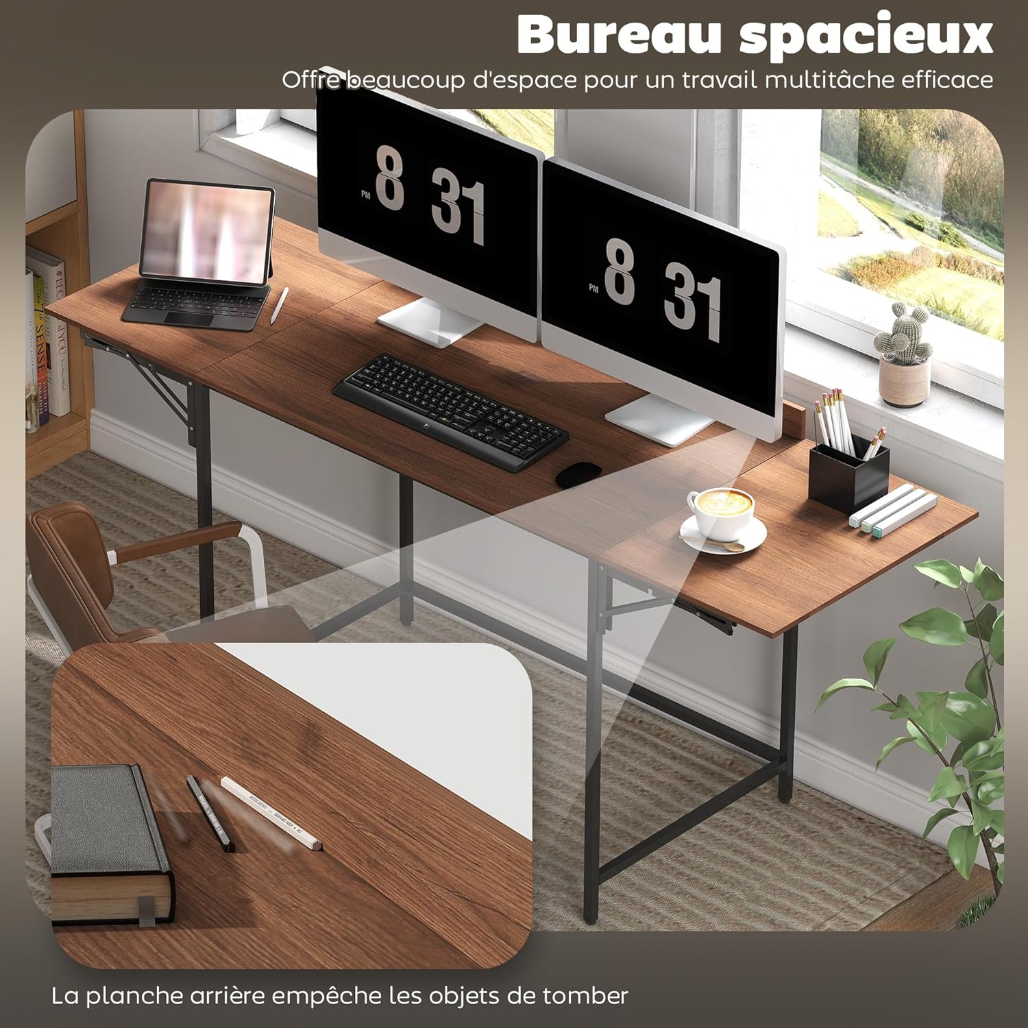 Thumbnail 4 de HOMCOM Bureau Pliant Table d'ordinateur 170 x 58 cm – Bois moderne, pliable, pour deux écrans