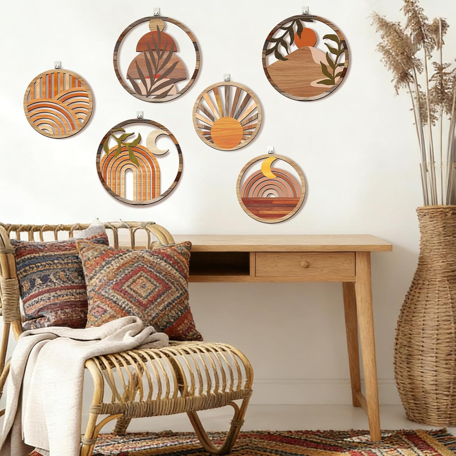 Thumbnail 5 de Twinklemon set of 6 bohemian wooden wall art pieces with round moon & sun designs and hooks