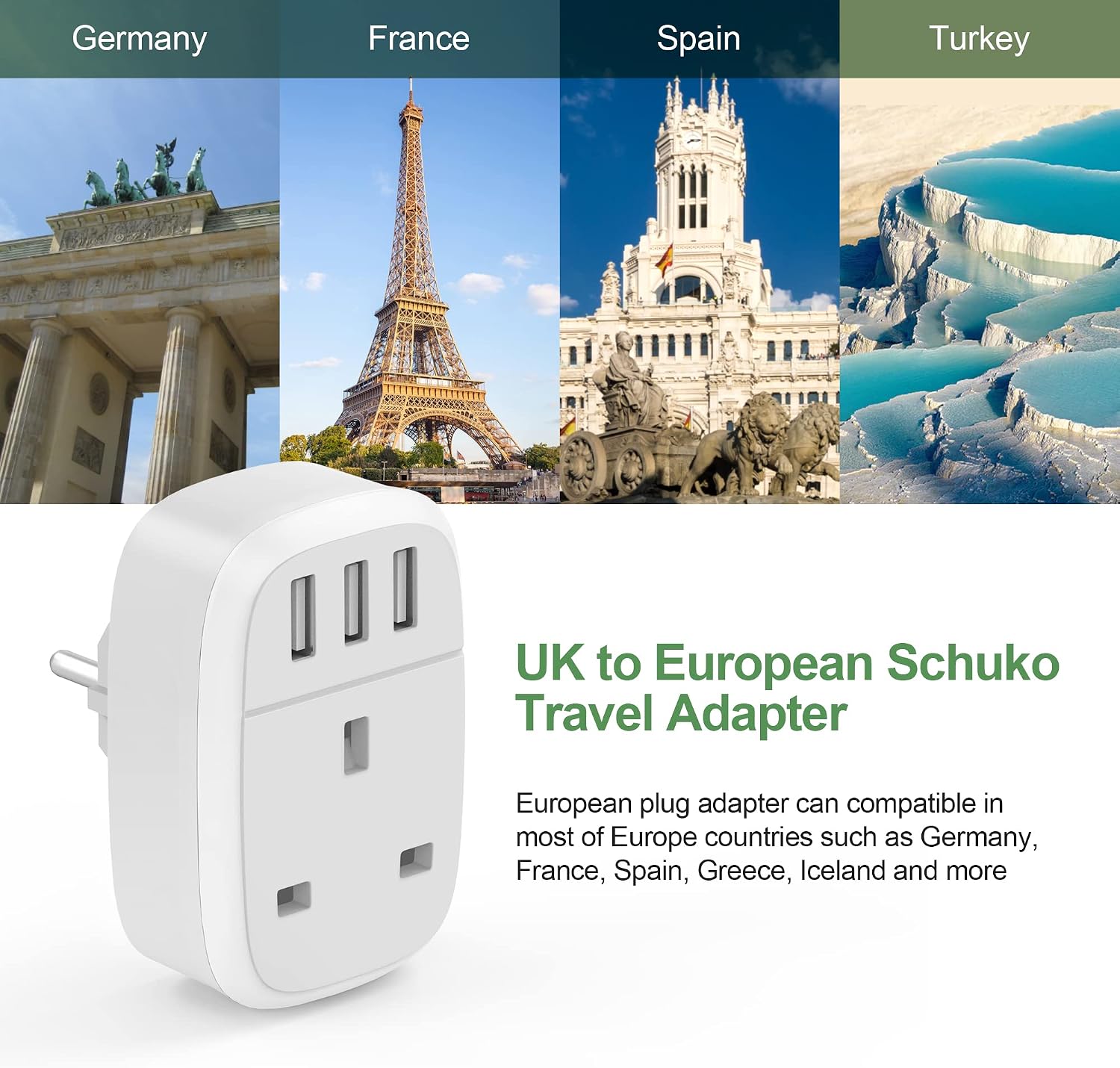 Detalle de Jmfufnv UK to EU Travel Adaptor with 3 USB Ports (Type E/F) – Grounded, 2500W