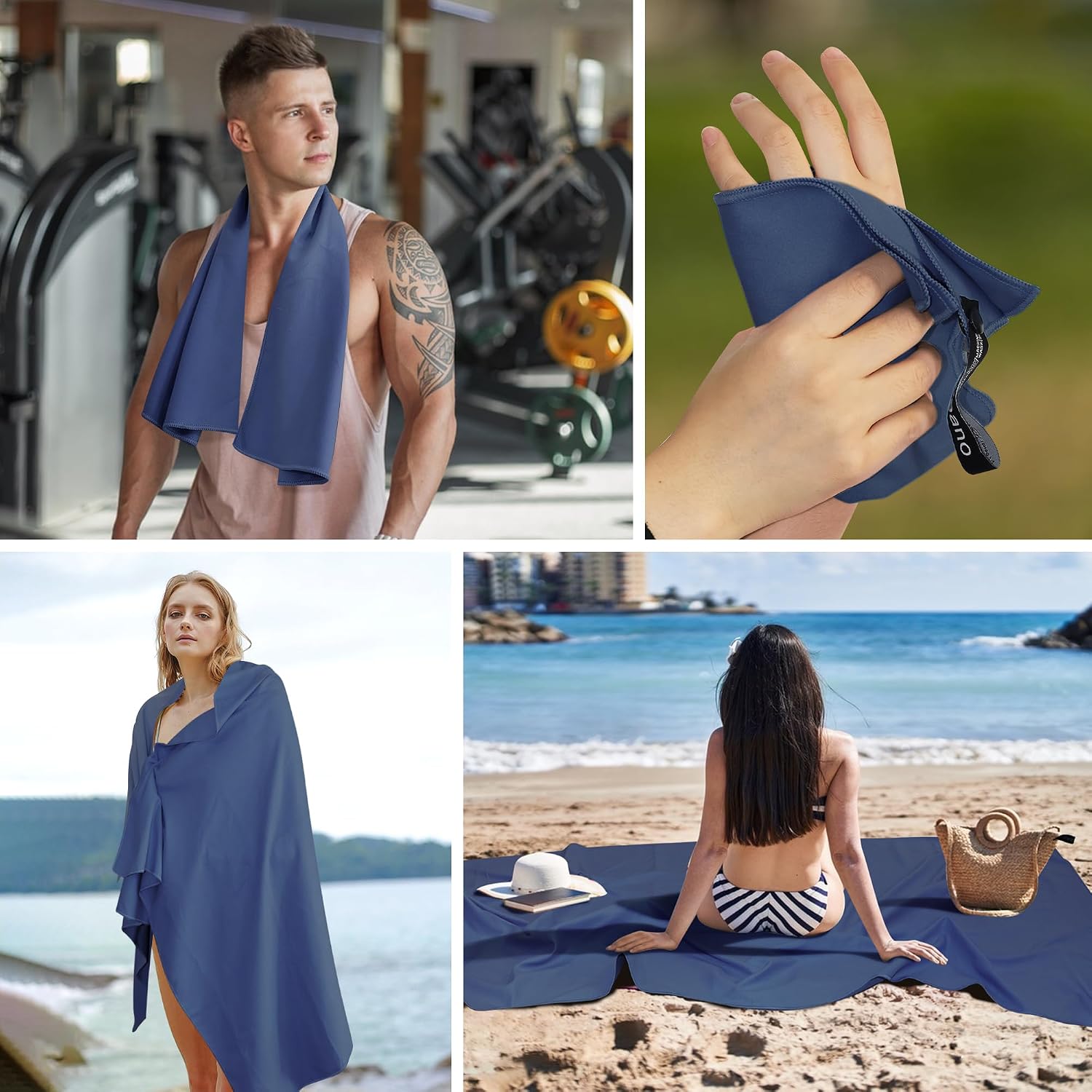 Thumbnail 6 de Flaveano Microfibre Towel, Travel Towel Set of 3 (180x90cm, 80x40cm, 50x30cm) in Navy Blue