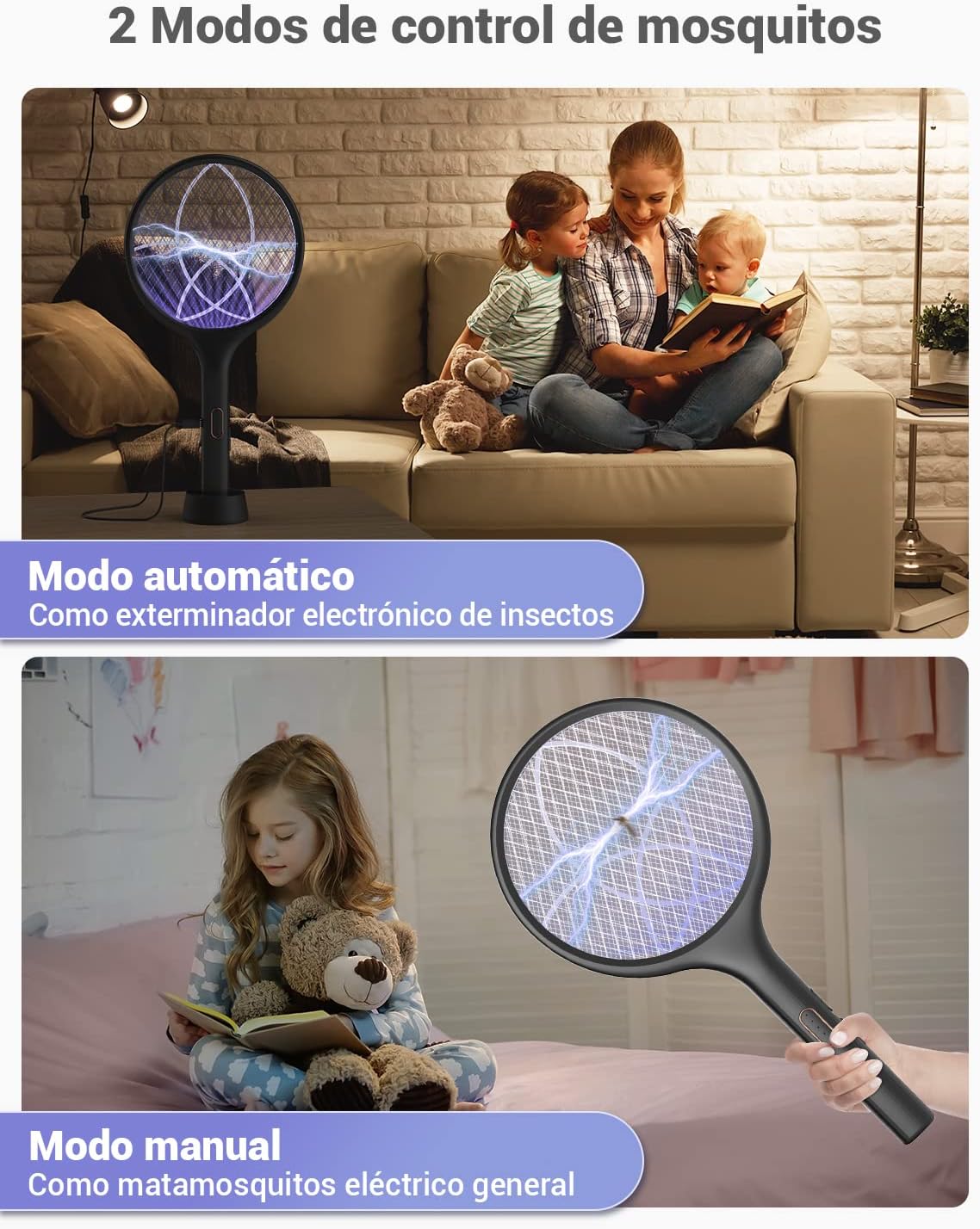 Detalle de YISSVIC Raqueta Matamoscas Eléctrica 2 en 1 4000V USB Recargable 1500mAh – Negro