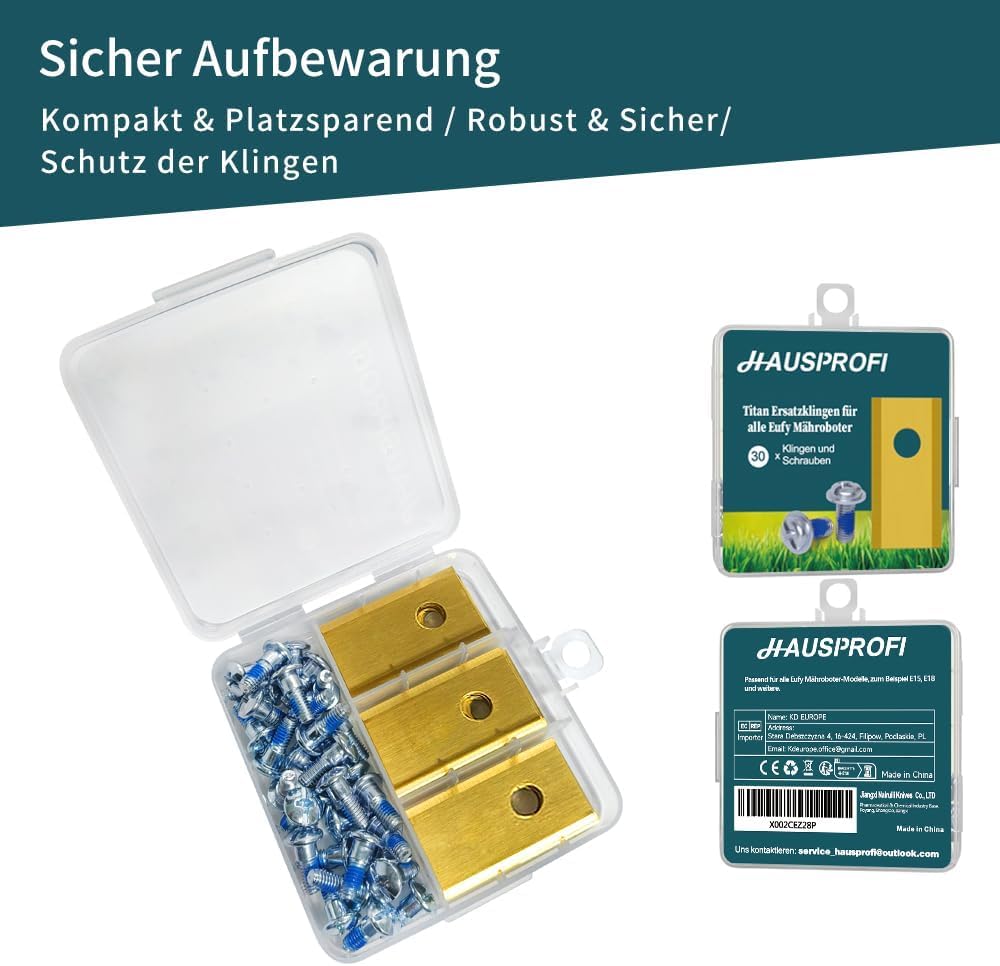 Detalle 2 de HAUSPROFI Titan Ersatzklingen 30x für Eufy Mähroboter E15 & E18 – 60% längere Haltbarkeit, inkl. Schrauben & Box