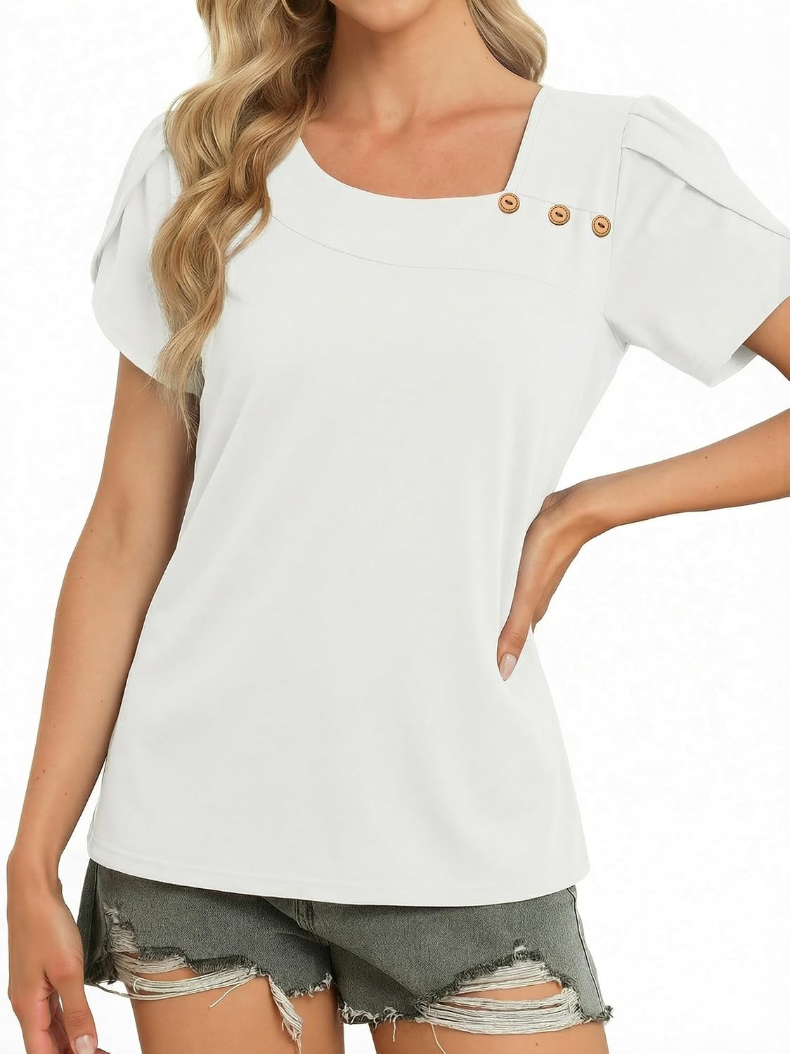 Detalle 2 de ALGALAROUND Women's Asymmetric Neck Tops: Short Petal Sleeve Shirt Tunic Blouse