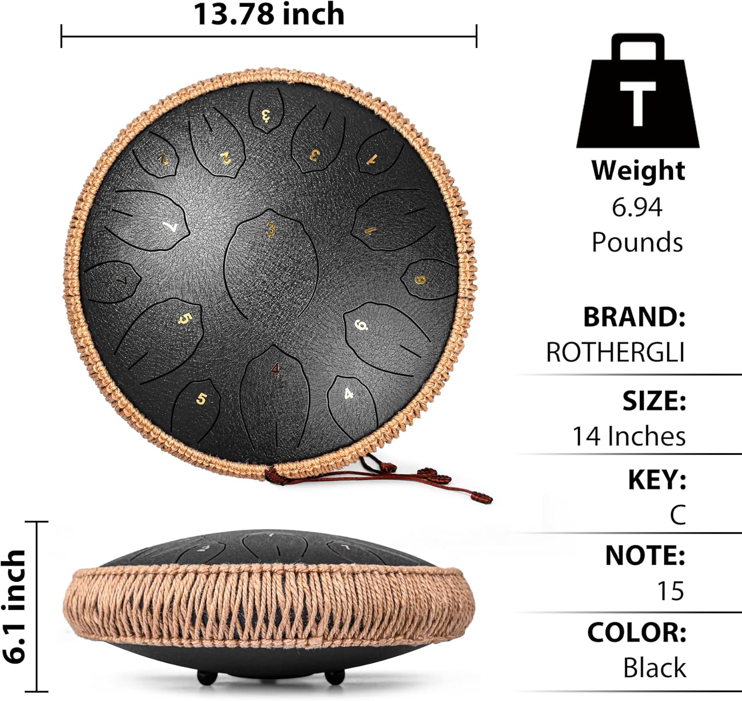 Detalle de Steel Tongue Drum 14 Inch, 15 Note (C Major) with Music Book, Mallets & Carry Bag