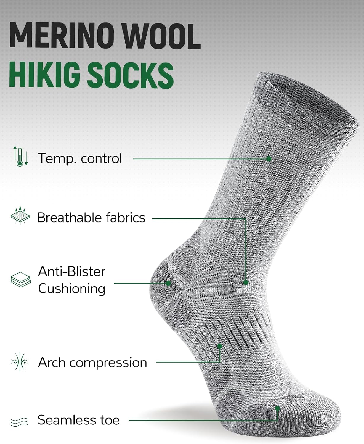 Thumbnail 1 de TANSTC Merino Wool Hiking Socks (Men & Women) – Breathable Cushioned Crew, 3 Pairs, OEKO‑TEX Certified