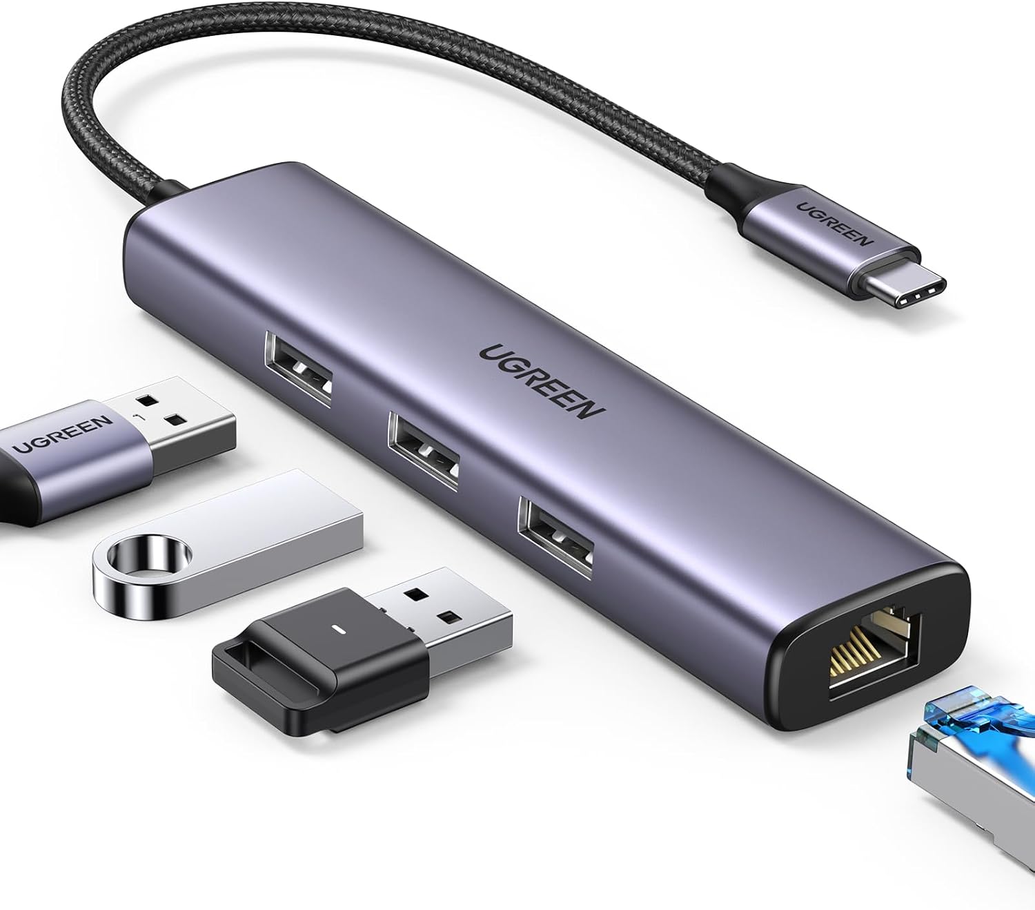 Detalle de UGREEN Hub USB C Ethernet 4-in-1: Ethernet Gigabit + 3 porte USB-A per MacBook, iPhone e dispositivi Android