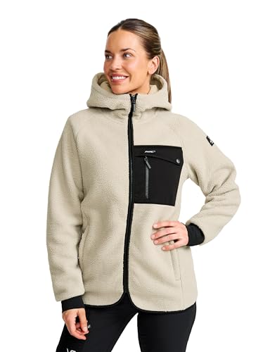 Detalle de RevolutionRace Sherpa Hoodie für Damen – Outdoor-Fleecejacke, Beige Khaki, Größe S