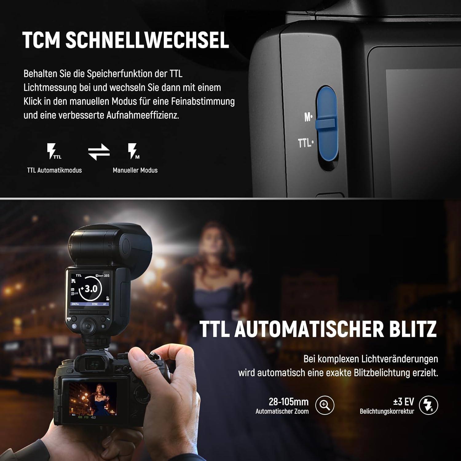 Detalle de NEEWER Z2-S TTL Blitzkopf für Sony – 76W Leistung, HSS 1/8000, TTL/M-Modus, 2600mAh Akku