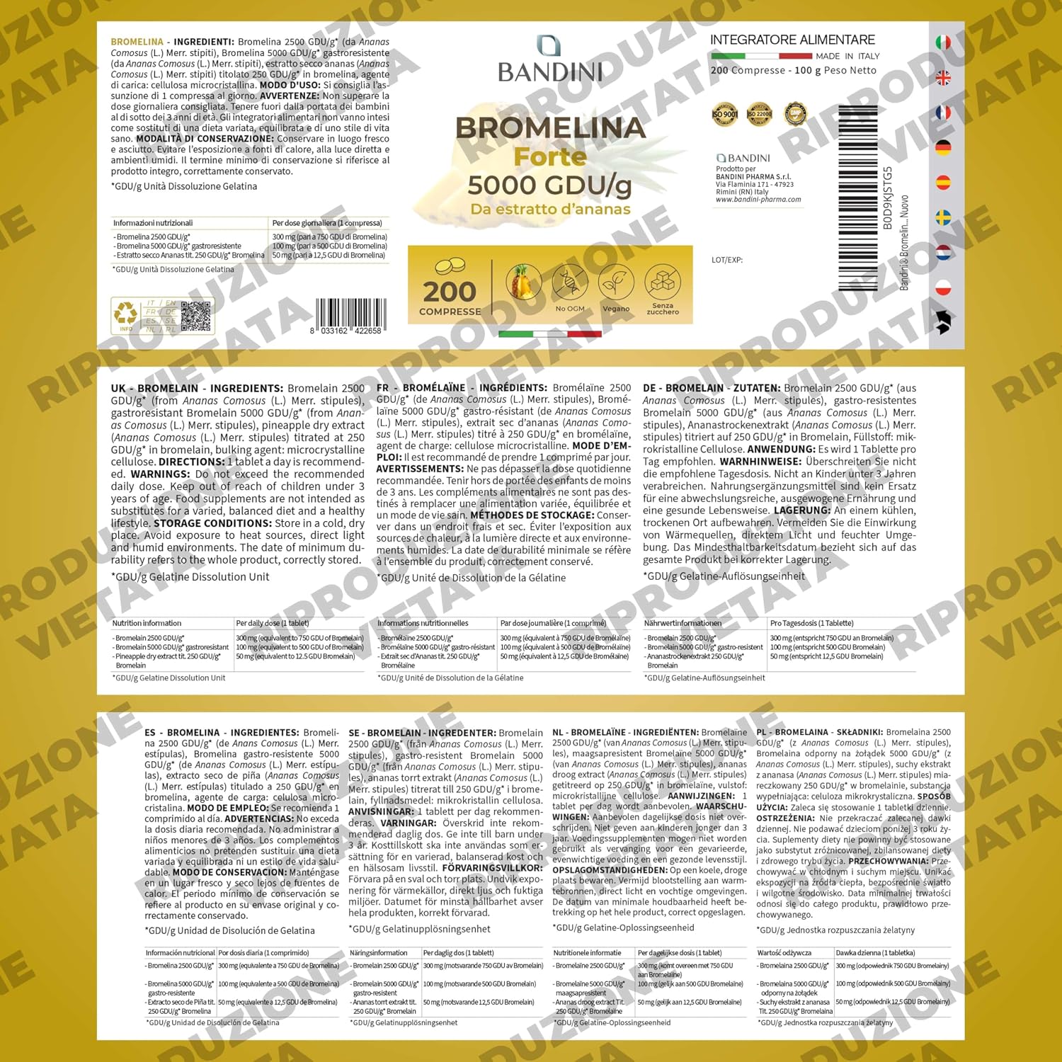 Detalle de BANDINI Bromelaïne 5000 GDU/g, 200 maagresistente tabletten