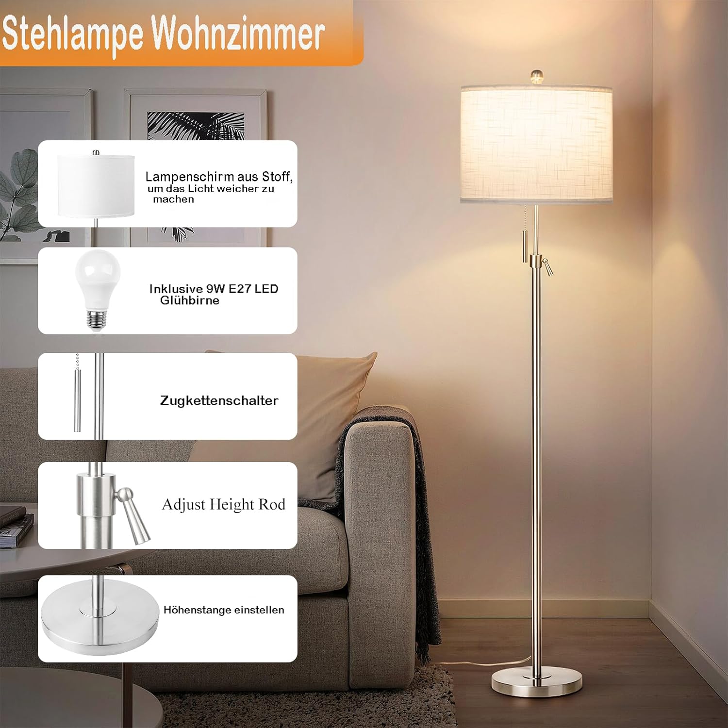 Thumbnail 3 de Qingmiao Stehlampe Wohnzimmer Modern mit Leinen-Lampenschirm, höhenverstellbar 140–168 cm, E27, 3 Farbtemperaturen (3000–6000K) – Silber