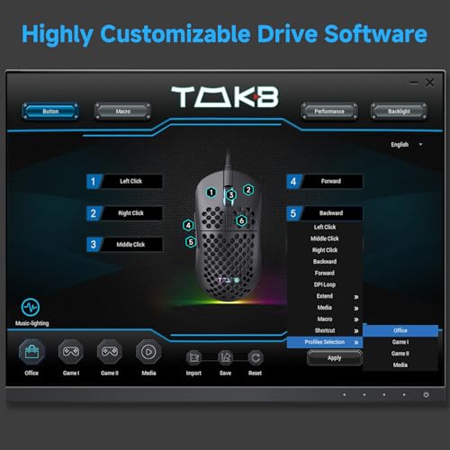 Detalle de Dierya ×TMKB M1SE: Mouse da gioco ultraleggero con sensore 12800 DPI e 6 pulsanti programmabili