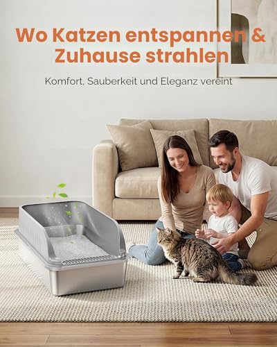 Detalle de ICOYEA Katzenklo Edelstahl XXL – Großes, halbgeschlossenes Katzentoilette mit Abnehmbarem Rand, rostfrei