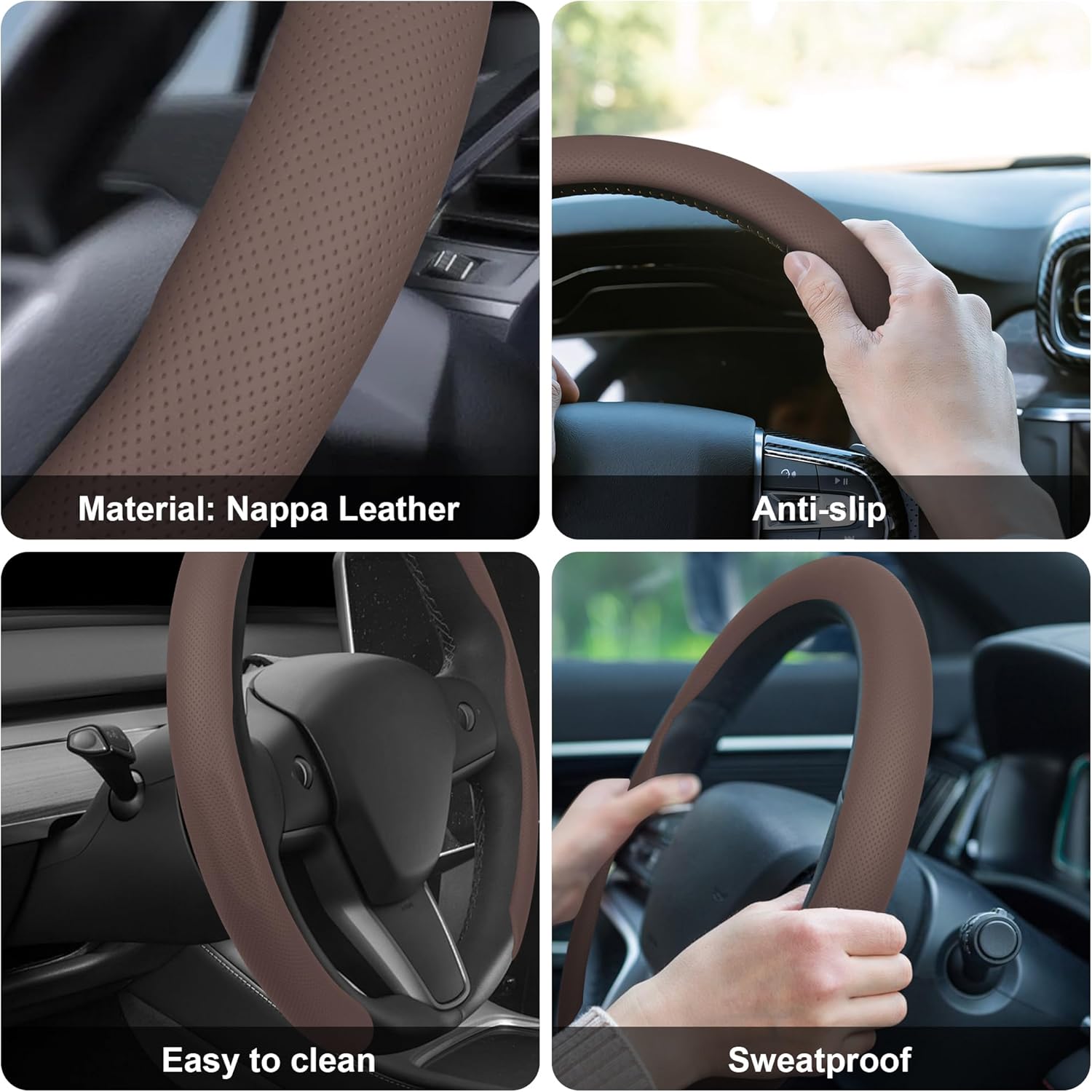 Detalle 2 de Frani Nappa Leather Steering Wheel Cover – Universal 15 Inch, Cocoa Brown