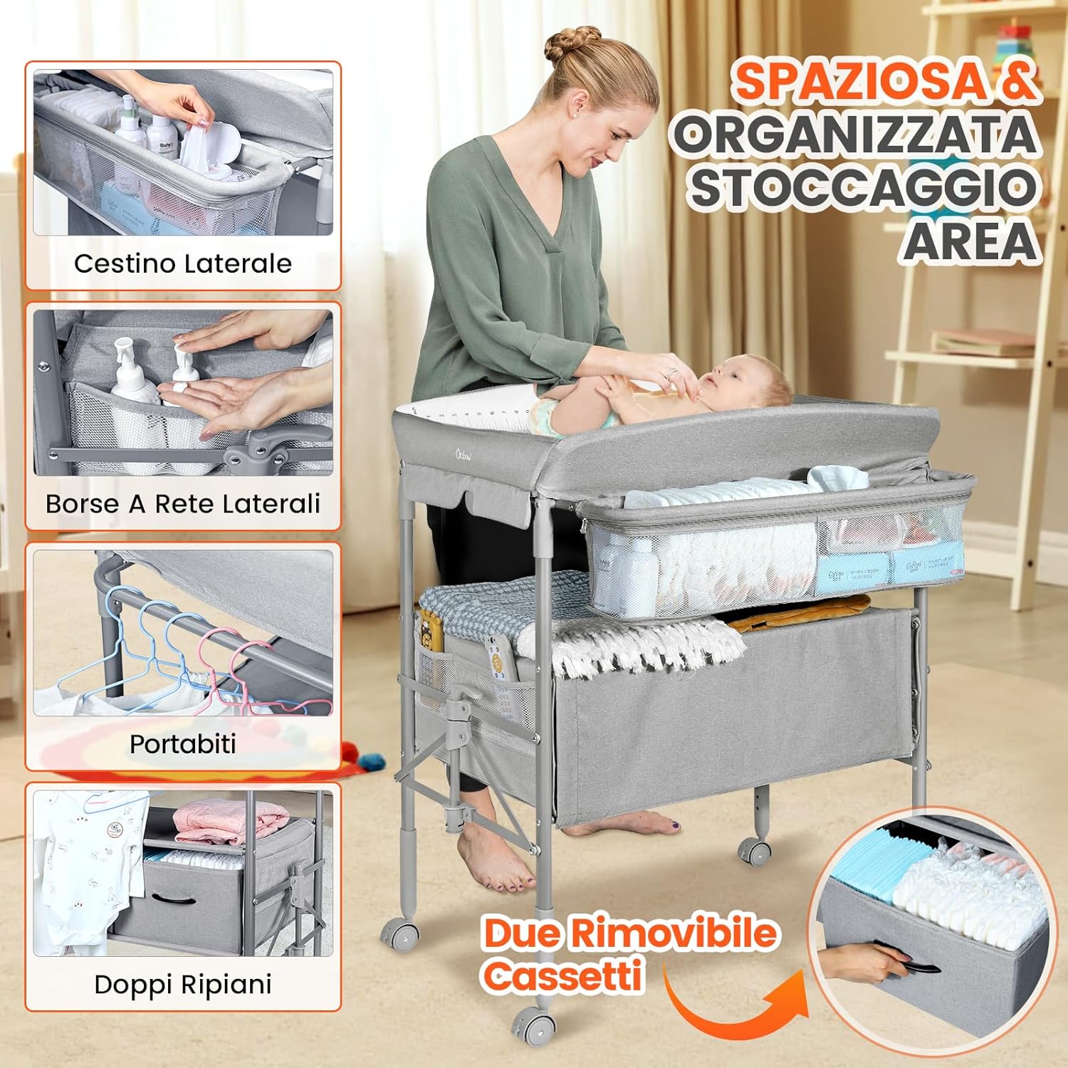 Thumbnail 2 de Orzbow Fasciatoio Neonato pieghevole con cassetto, fascia di sicurezza e luce notturna (grigio)