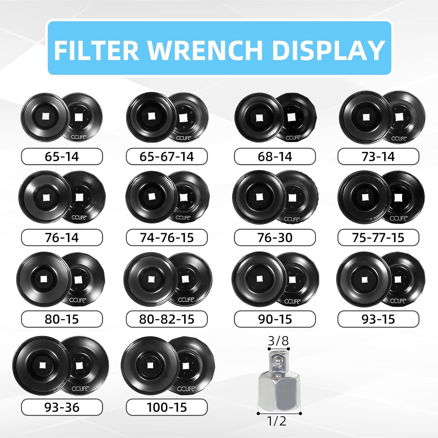 Thumbnail 5 de Lot de 15 cloches et clés pour filtres à huile – adaptateur 3/8" x 1/2
